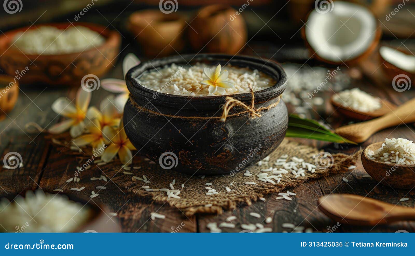 clay pot with kiribath on a rustic table, surrounded by coconut milk, rice, and frangipani flowers for sinhalese new