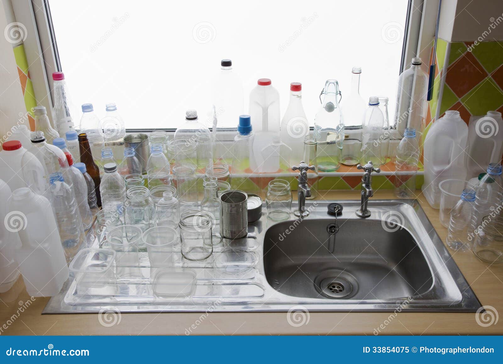 Clean Bottles at Kitchen Sink Stock Image Image of windowsill