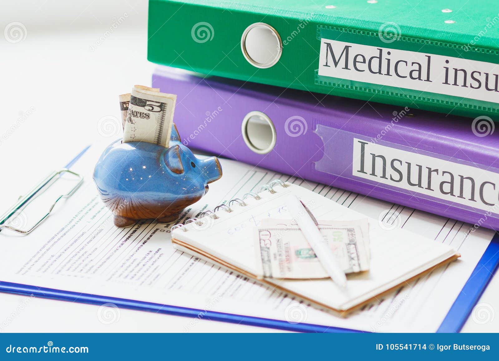 Clean Insurance Form, Piggy Bank, Notebook, Money And A Pen Stock Photo - Image of form ...