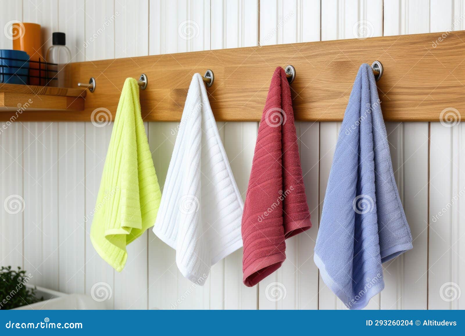 Clean Kitchen Towels Hanging from Hooks Stock Photo Image of