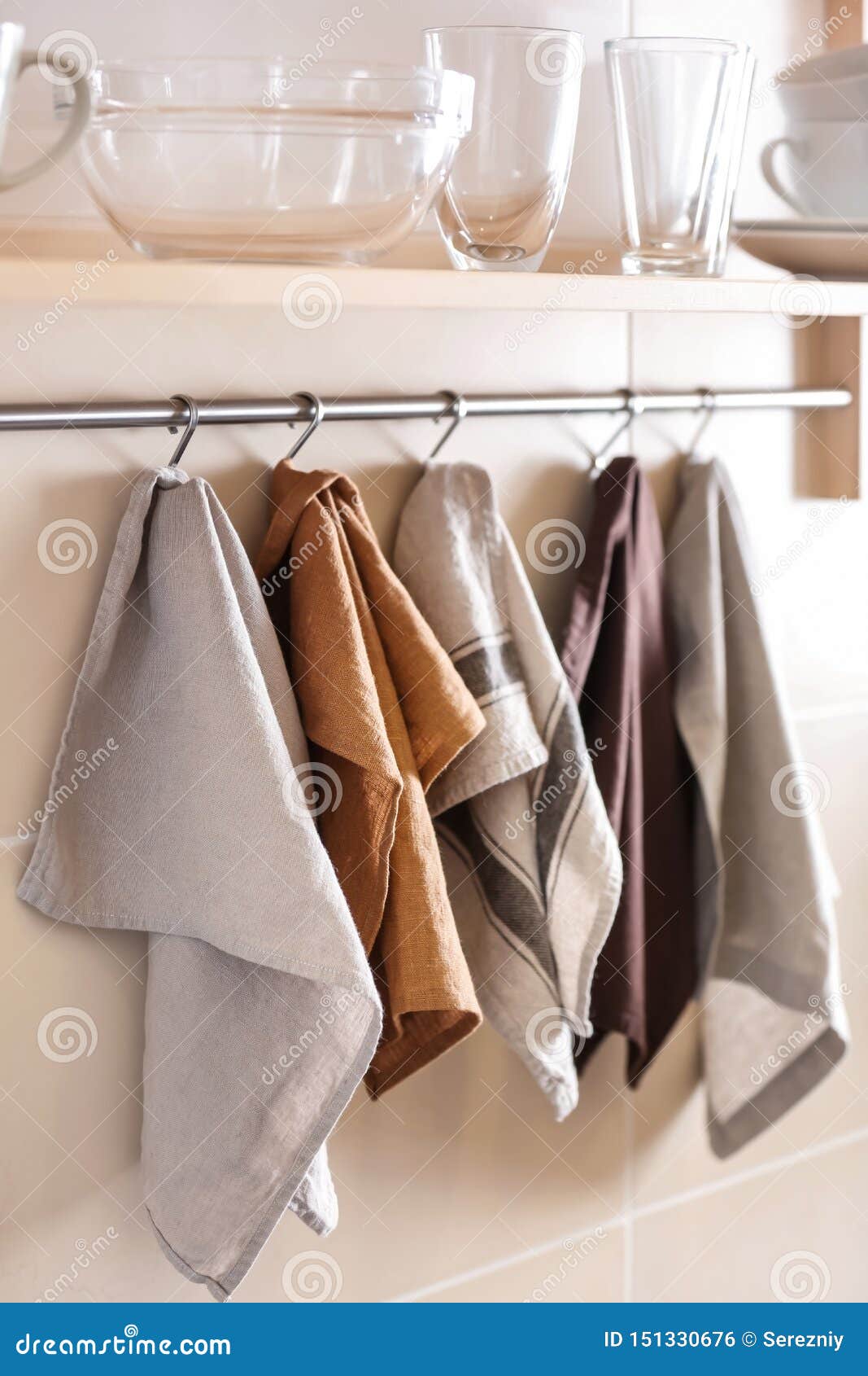 Clean Kitchen Towels Hanging on Rack Stock Photo - Image of cloth, hook:  151330676