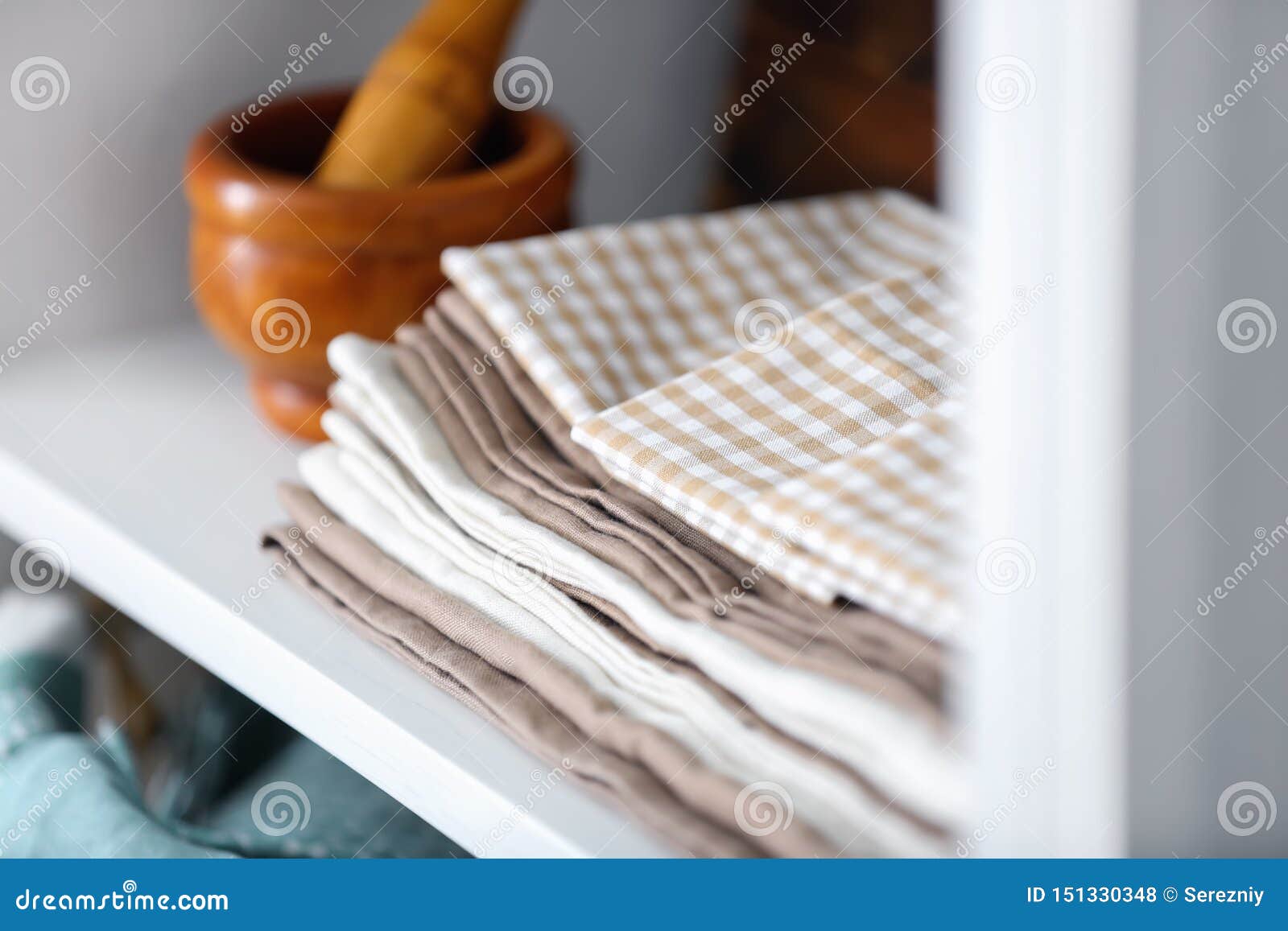 Clean Kitchen Towels on Shelf Stock Photo Image of dishtowel, indoors