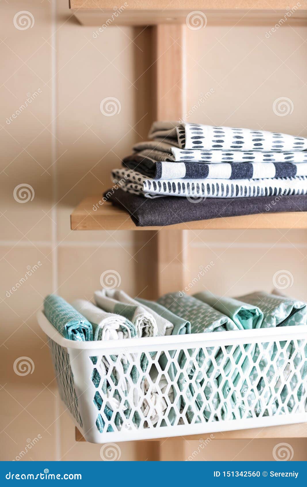 Clean Kitchen Towels on Wooden Shelves Stock Photo Image of cloth