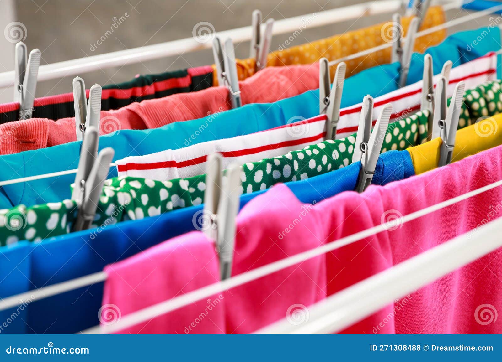 Clean Laundry Hanging on Drying Rack, Closeup Stock Photo Image of
