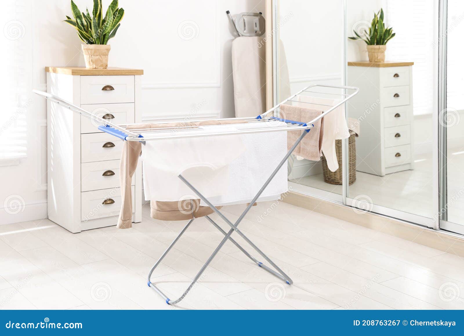 Clean Laundry Hanging on Drying Rack Indoors Stock Image Image of