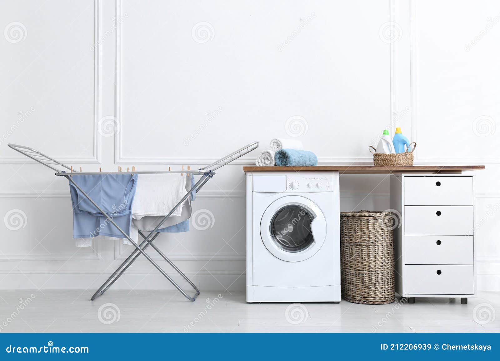 Clean Laundry Hanging on Drying Rack Indoors Stock Image Image of