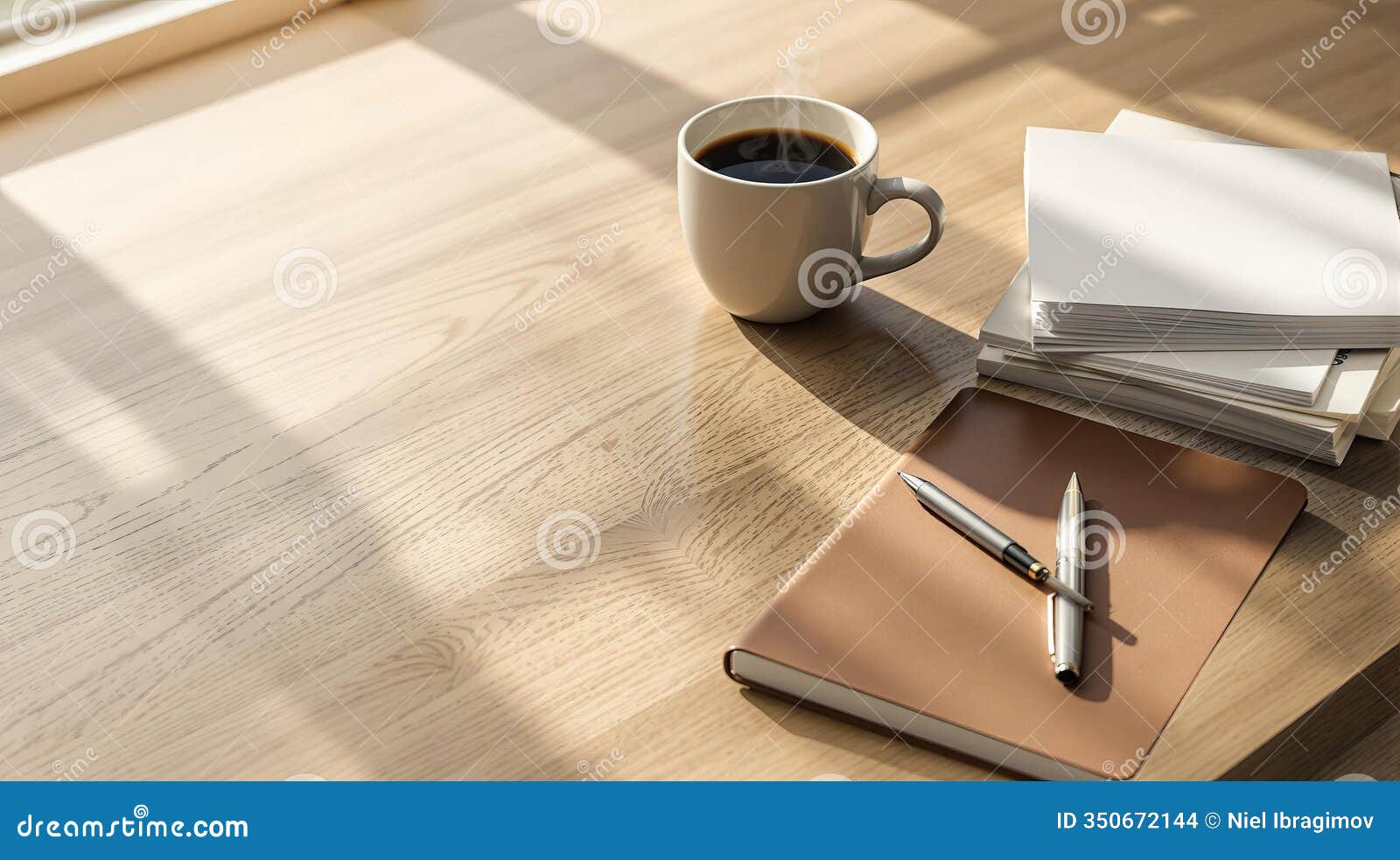 clean and modern workspace with coffee, notebook, and blank paper