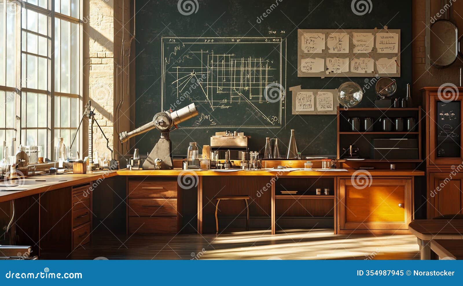 a clean physics classroom with neatly labeled diagrams and lab