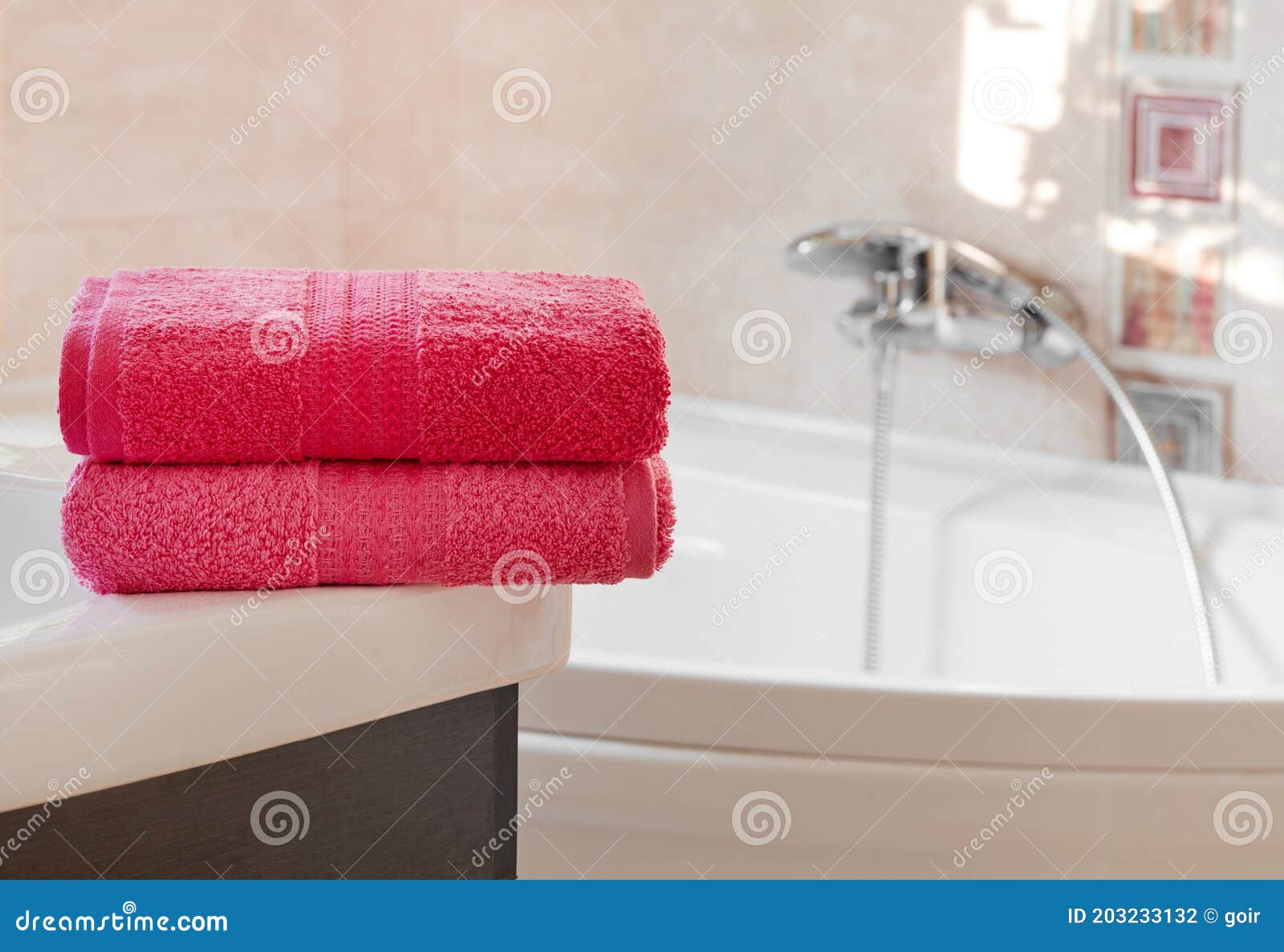 Clean Pink Towels in Bathroom Stock Photo Image of fiber, fluffy