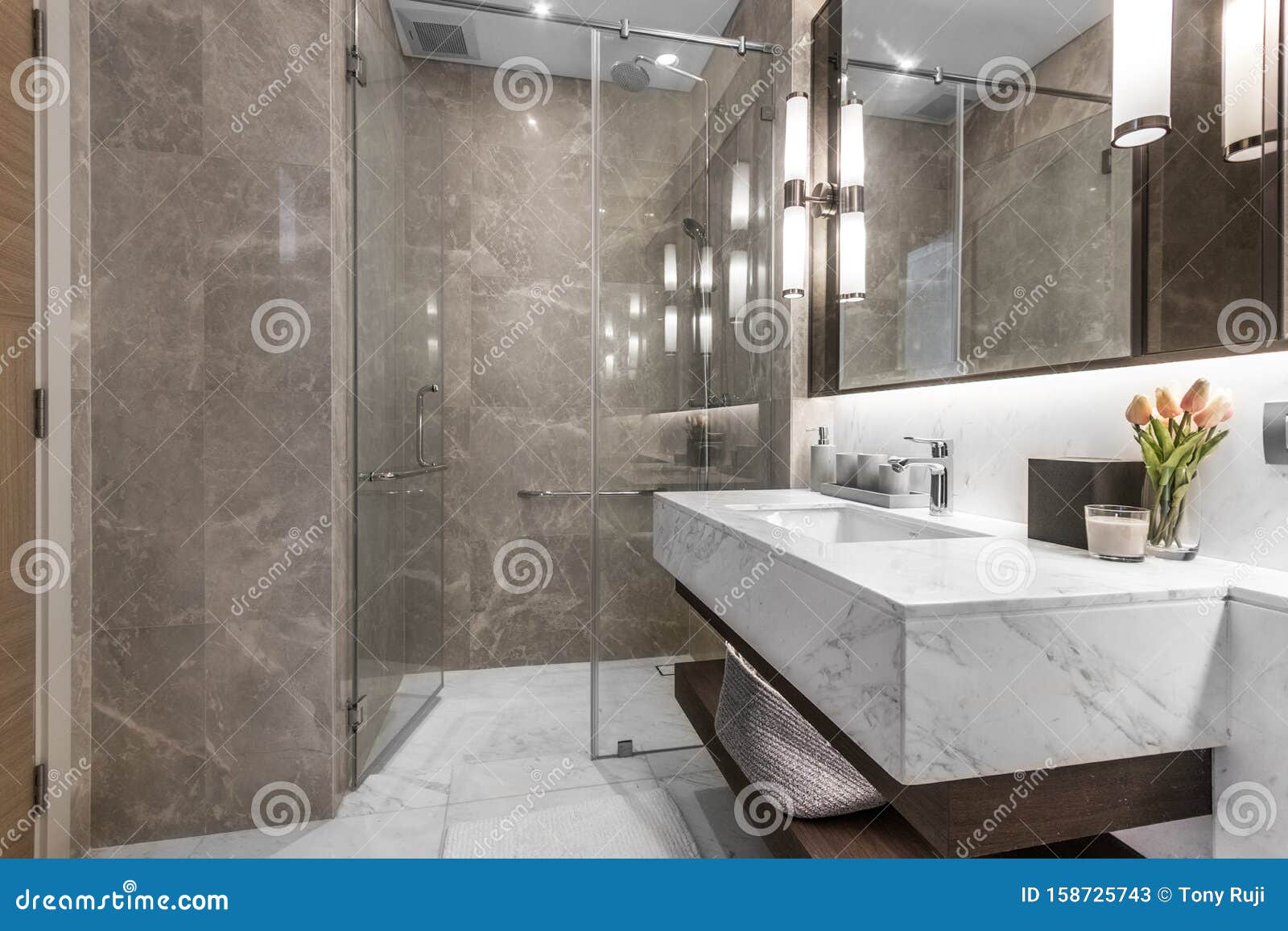 Clean and White Bathroom with Amenities Stock Image - Image of liquid ...