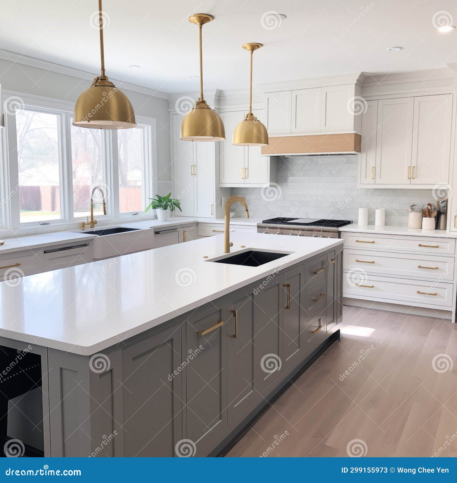 Clean White Home Kitchen Brass Fittings Lighting Stock Image Image of