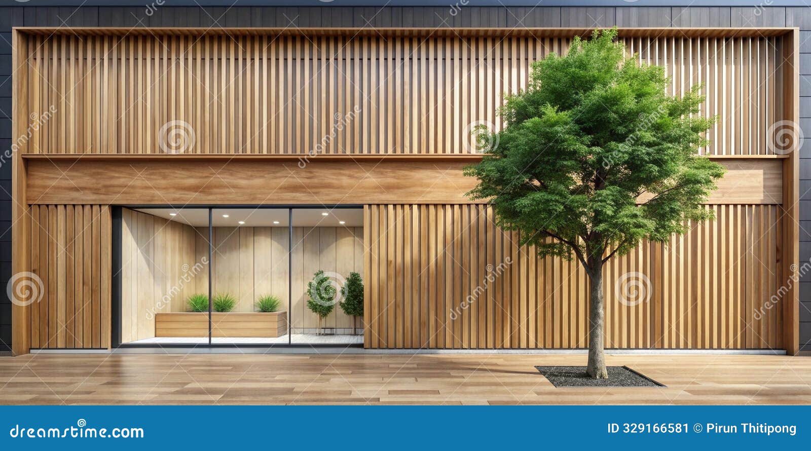 a clean wooden facade of a shop near a road in the background of a tree creative ai