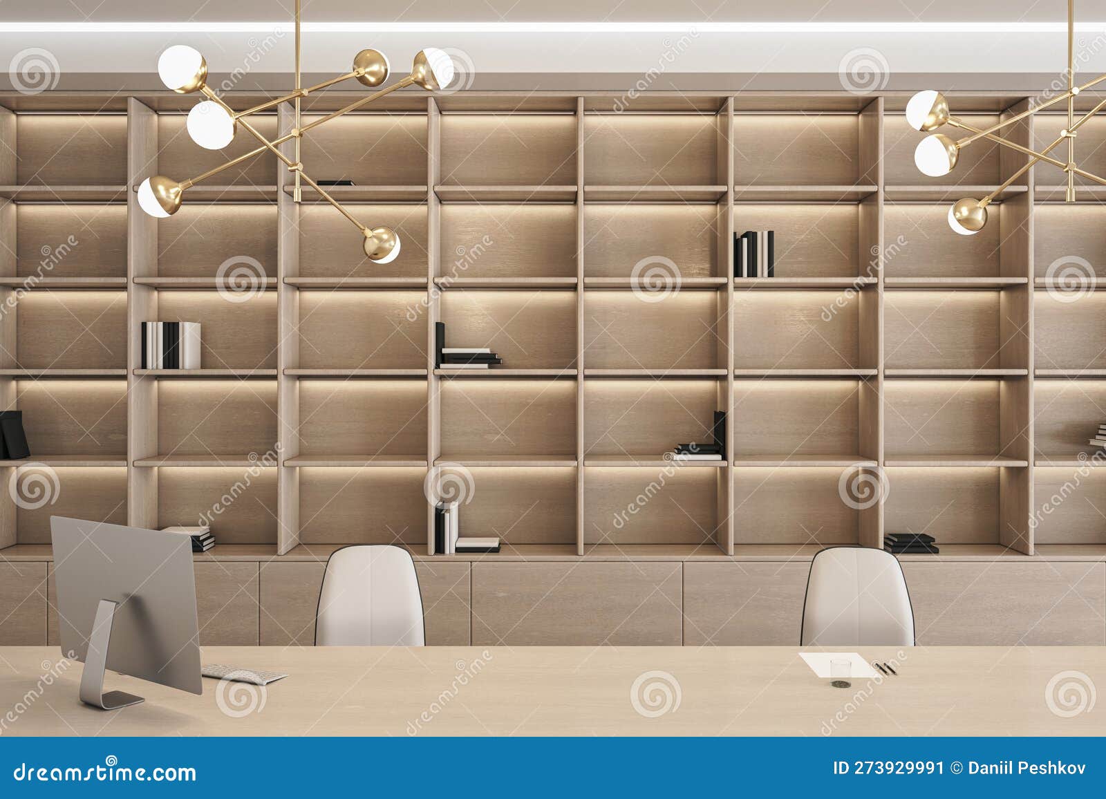 Clean Wooden Office Interior with Bookshelf and Desktop with Equipment