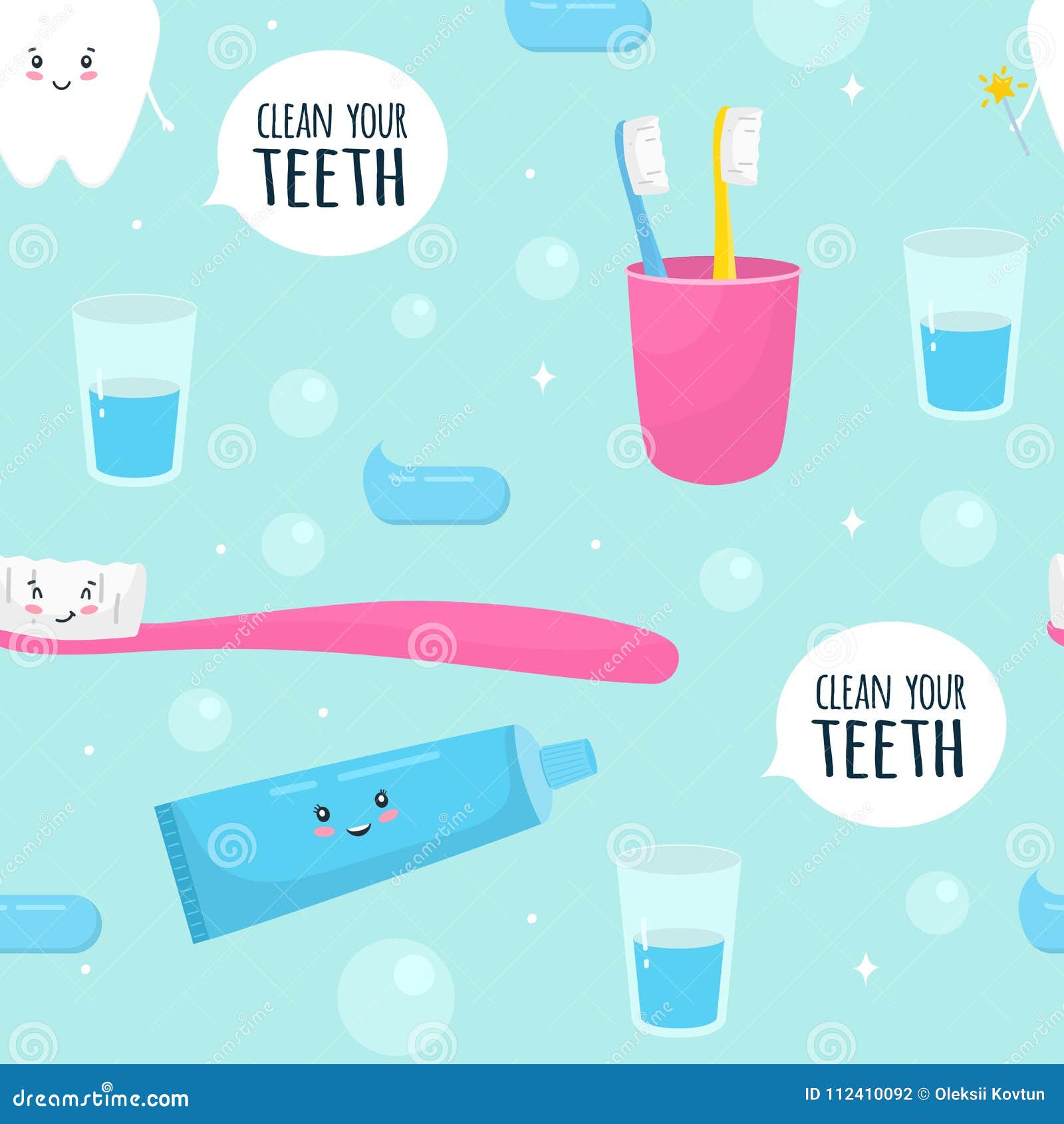 Clean Your Teeth. Seamless Pattern with Cute Teeth, Toothbrush ...
