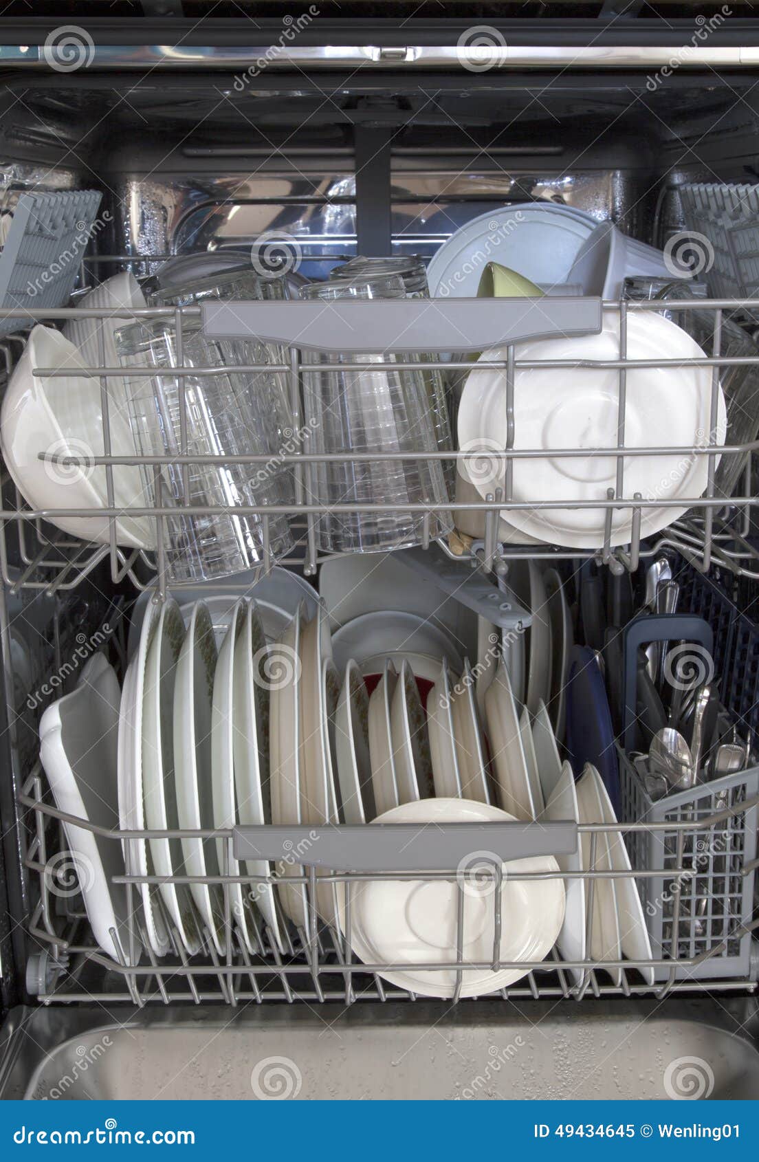 cleaned dishware in dishwasher background