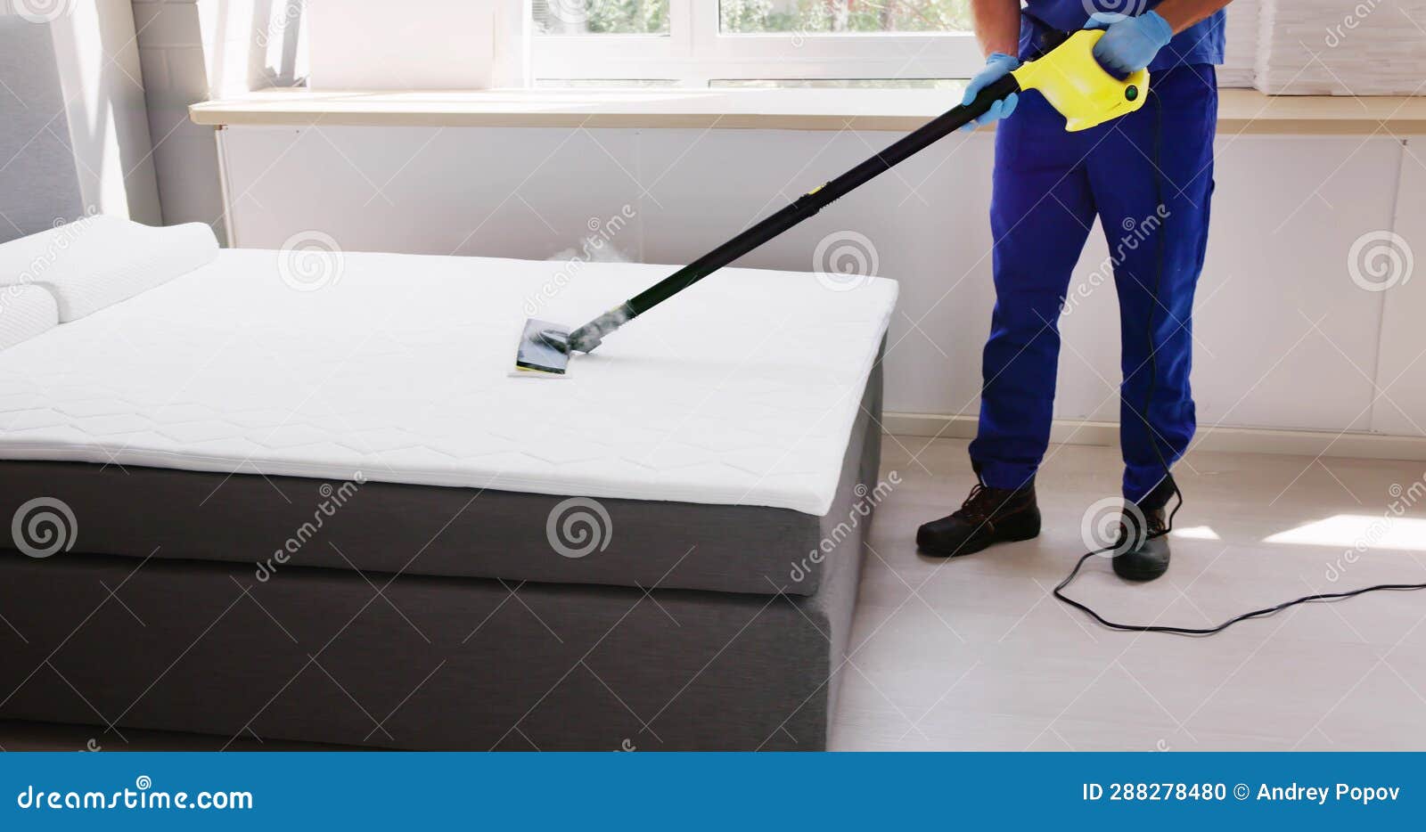 Cleaning Bed Mattress with Steam Machine Stock Photo Image of control