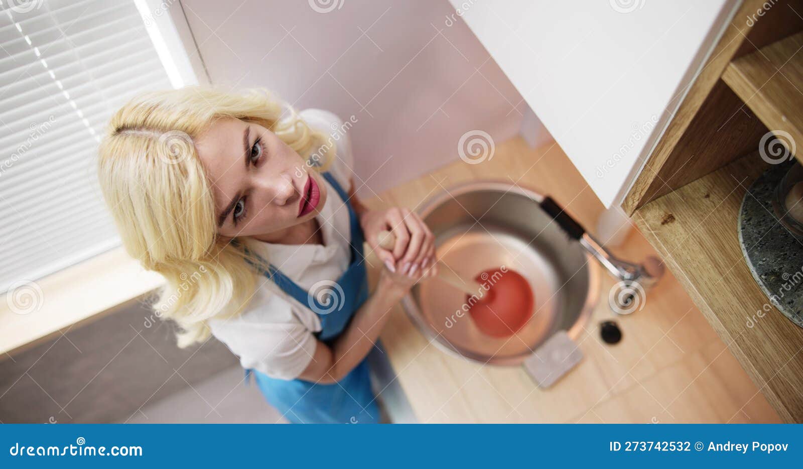 Cleaning Blocked Sink and Drain in Kitchen Stock Photo Image of young