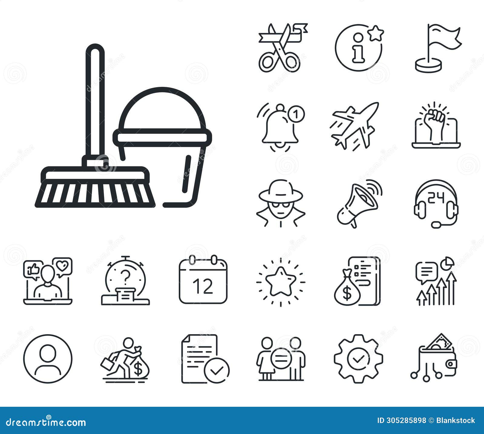 cleaning bucket with mop line icon. salaryman, gender equality and alert bell. 
