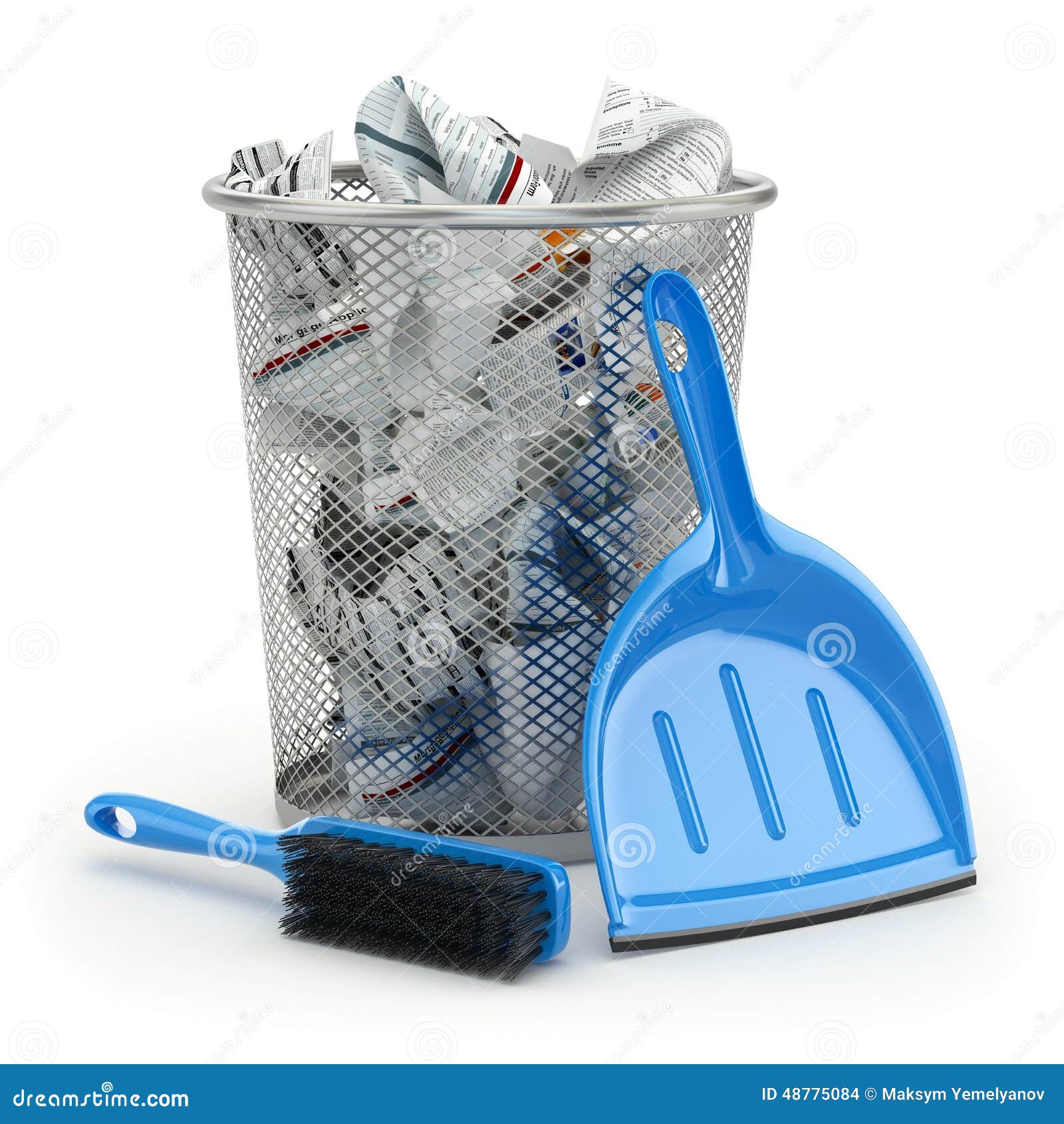 Cleaning Concept.Garbage Bin, Dustpan or Scoop and Brush Stock