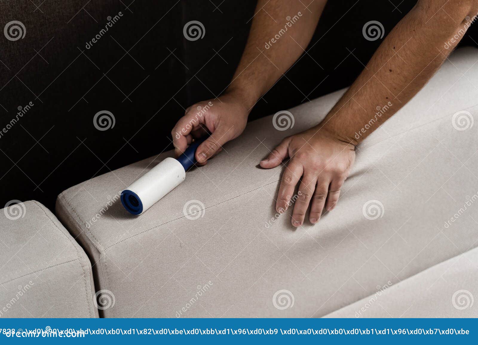 Cleaning Couch Using Lint Roller from Cat and Dog Hair. Cleaner is