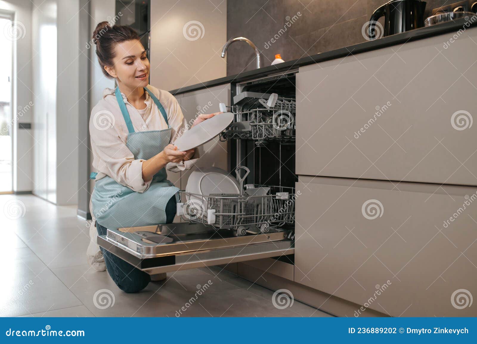 Young Woman in Apron Cleaning the Crockery Stock Photo Image of