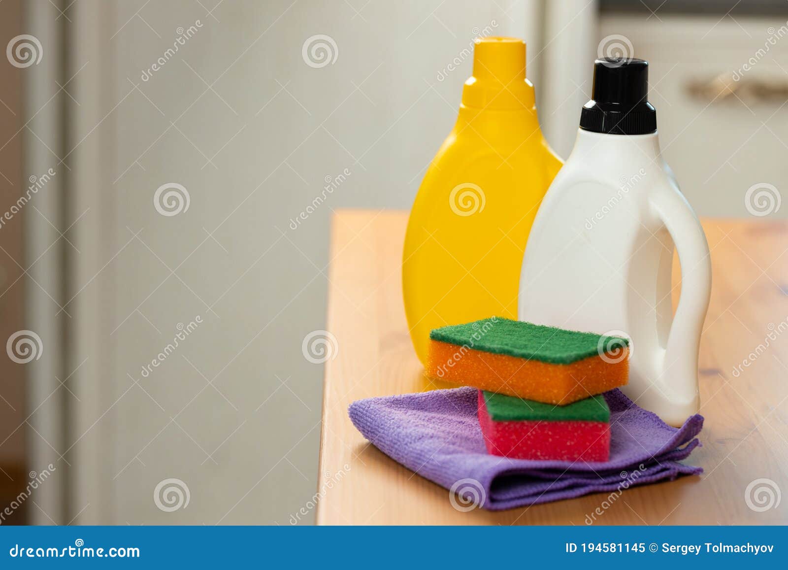 Cleaning Detergents and Tools on a Kitchen Counter Stock Image Image