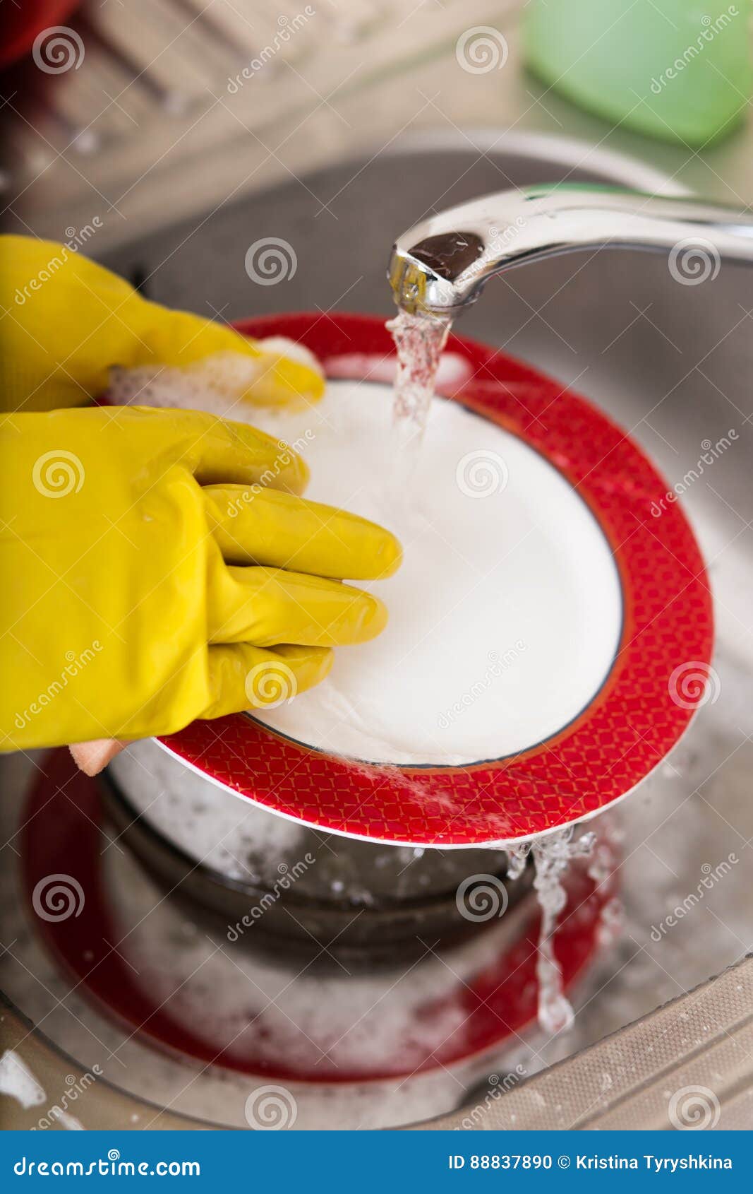 Cleaning Dishware Kitchen Sink Sponge Washing Dish Close Up