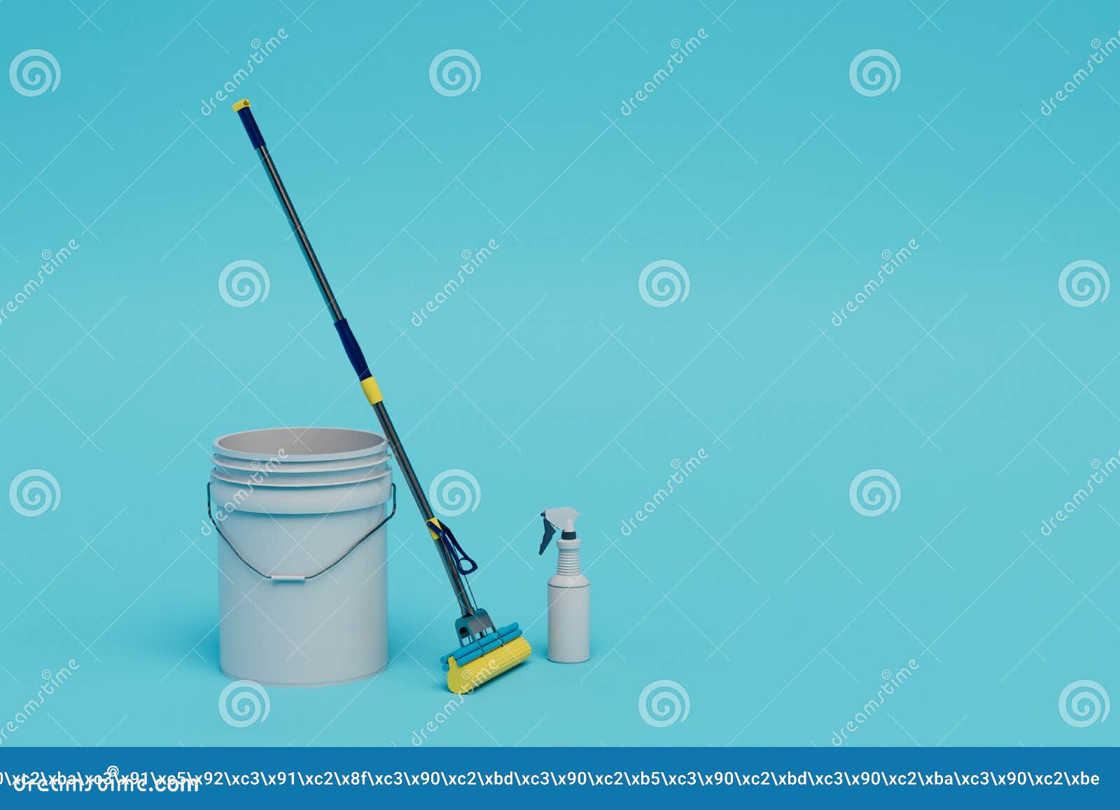 Cleaning Equipment. Bucket, Floor Mop and Dust Remover. Copy Paste