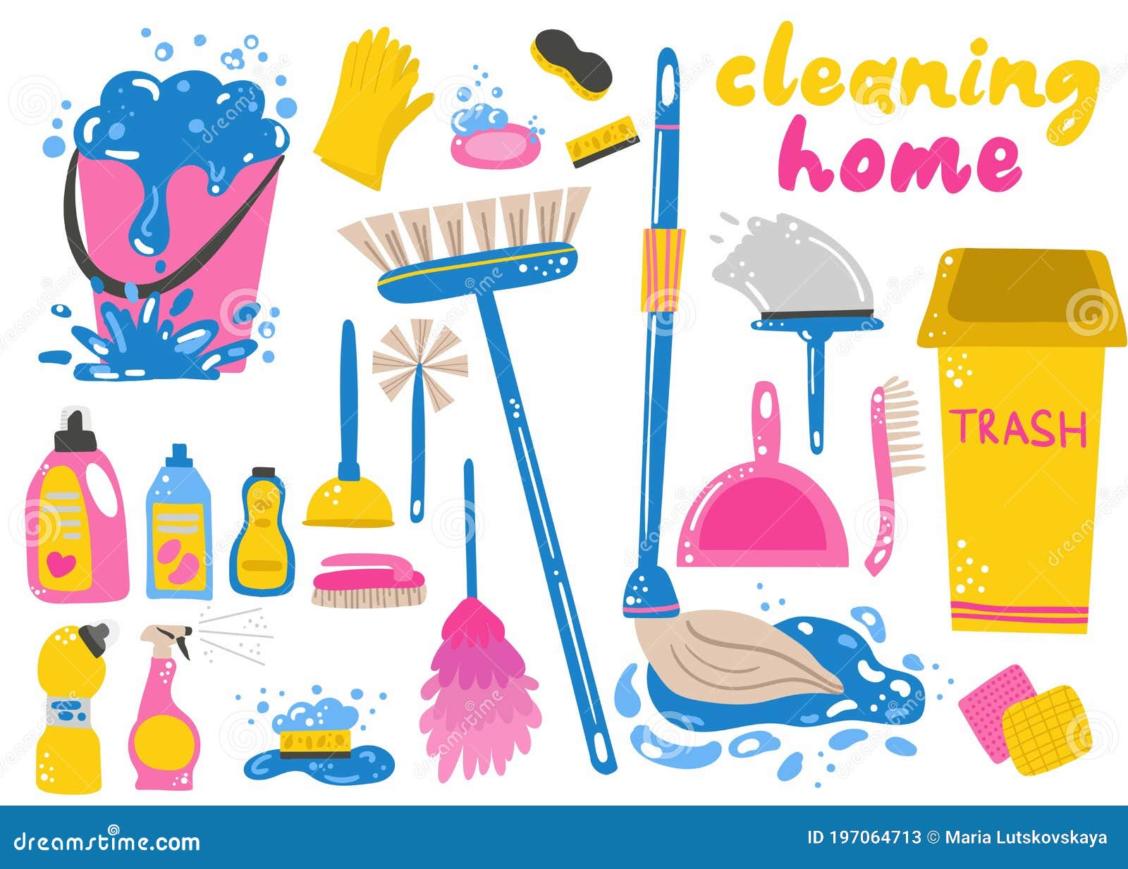 Cleaning supplies, tools, household chemicals and cleaning solutions.  Household detergents, trash can, mop, gloves and bucket vector Illustration  set. House cleaning supplies, Stock vector