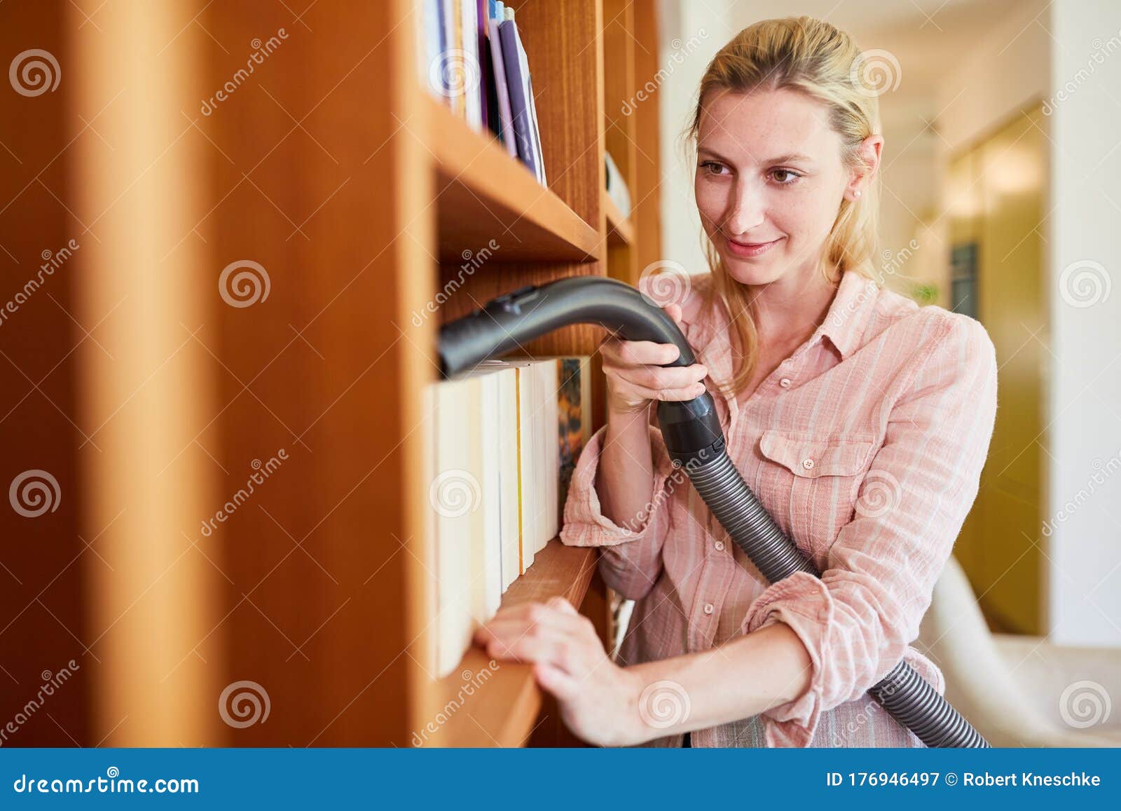 Cleaning Lady Dusting Bookshelf Stock Image Image Of Shelf Lady