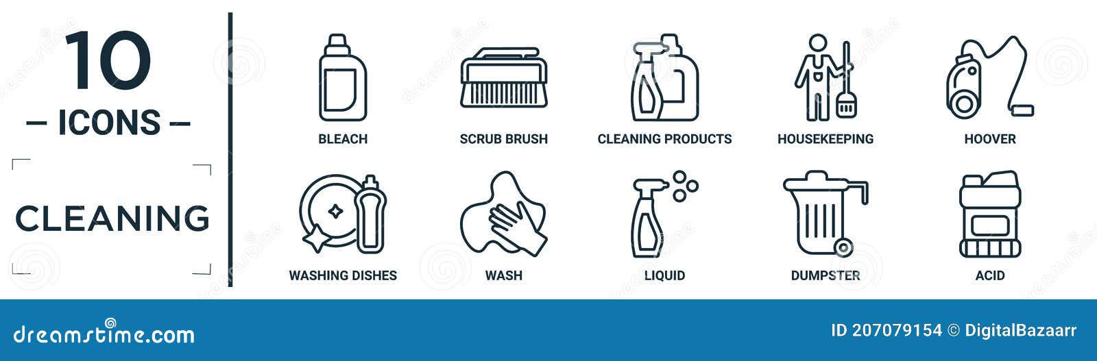 cleaning linear icon set. includes thin line bin, bubbles, scrub brush,  dishwashing detergent, hot water, hand wash, cleaning icons for report,  presentation, diagram, web design Stock Vector