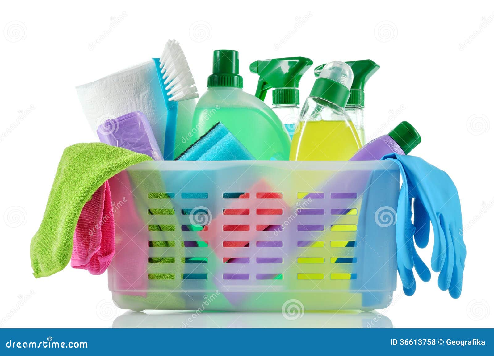 cleaning products and supplies in a basket.