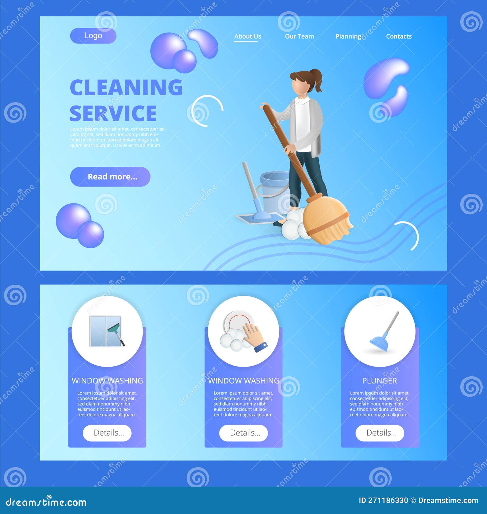 Cleaning Service Flat Landing Page site Template. Window Washing
