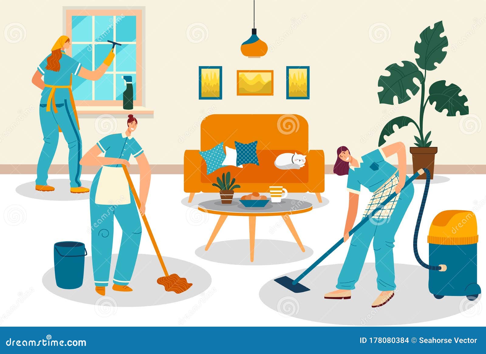 Cleaning Service People, Smiling Women Cartoon Characters Clean Apartment  Room, Vector Illustration Stock Vector - Illustration of floor, design:  178080384