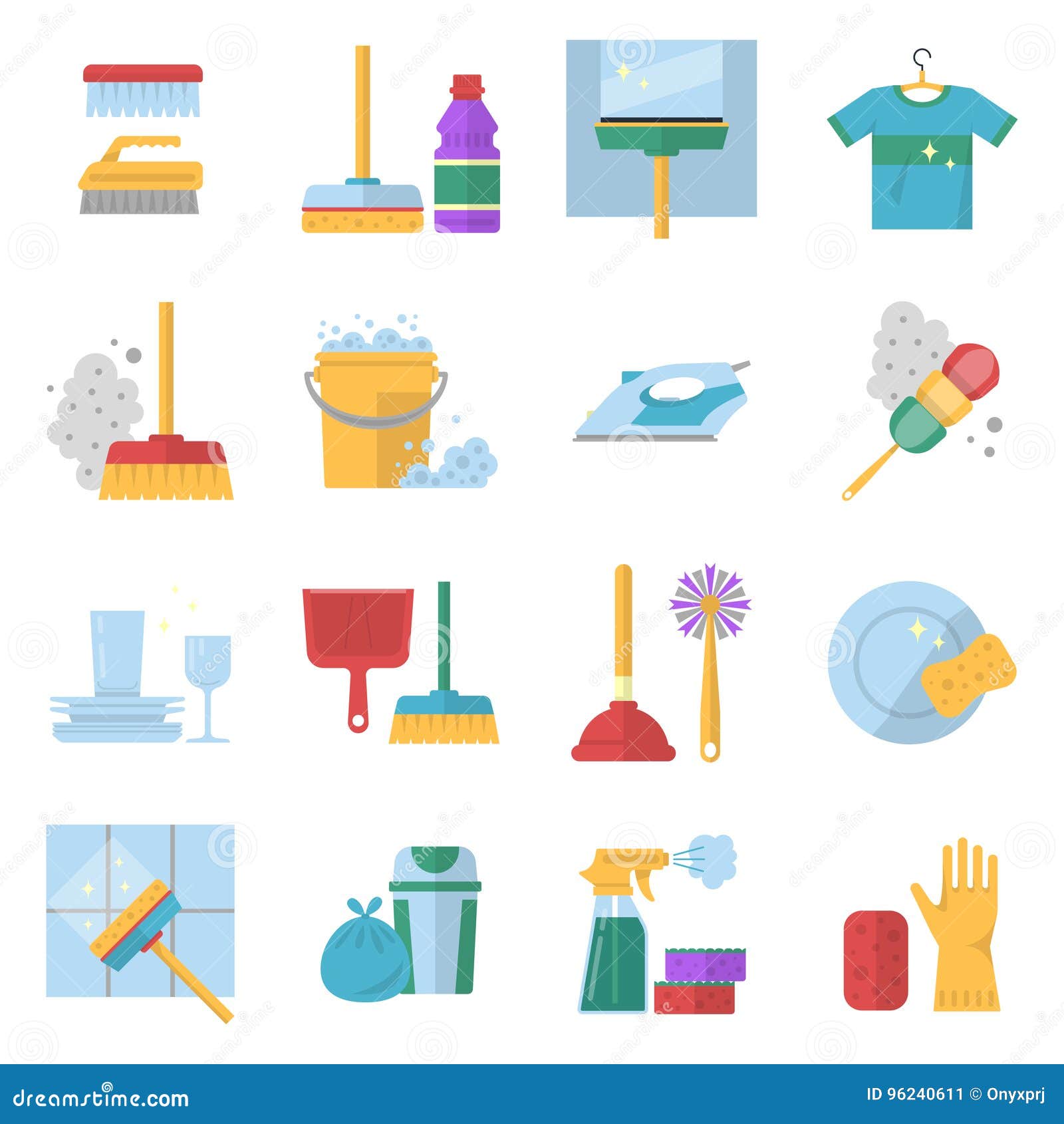 cleaning service symbols different colored tools in cartoon style different cleaning services