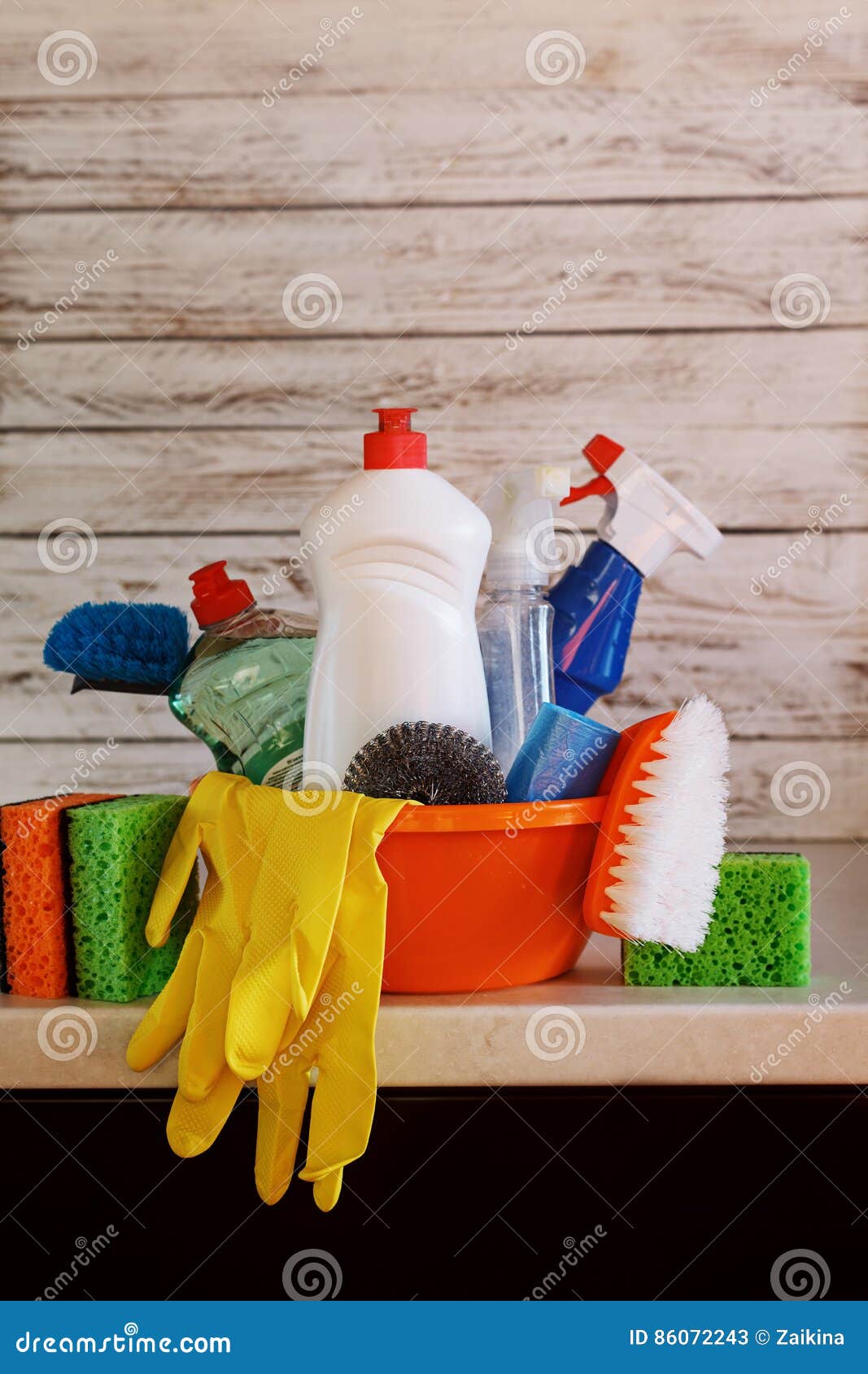 Cleaning Set with Products and Supplies on Kitchen Table Stock Image