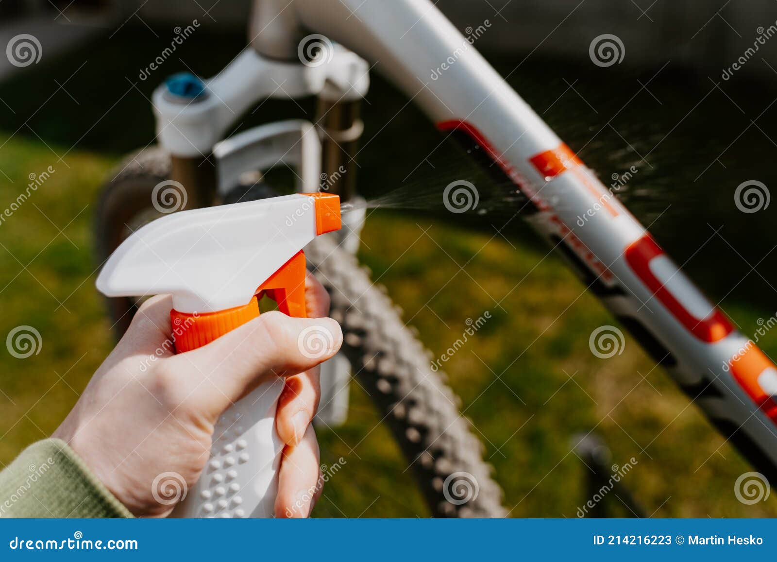 Bicycle Washing Outdoors with Spray Stock Image Image of male, land