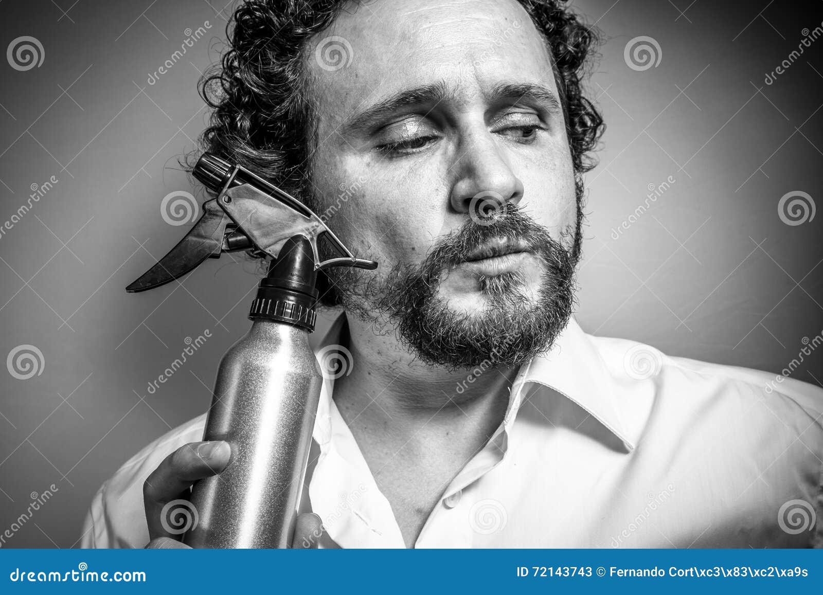 Cleaning Spray, Man with Intense Expression, White Shirt Stock Image Image of beard, male
