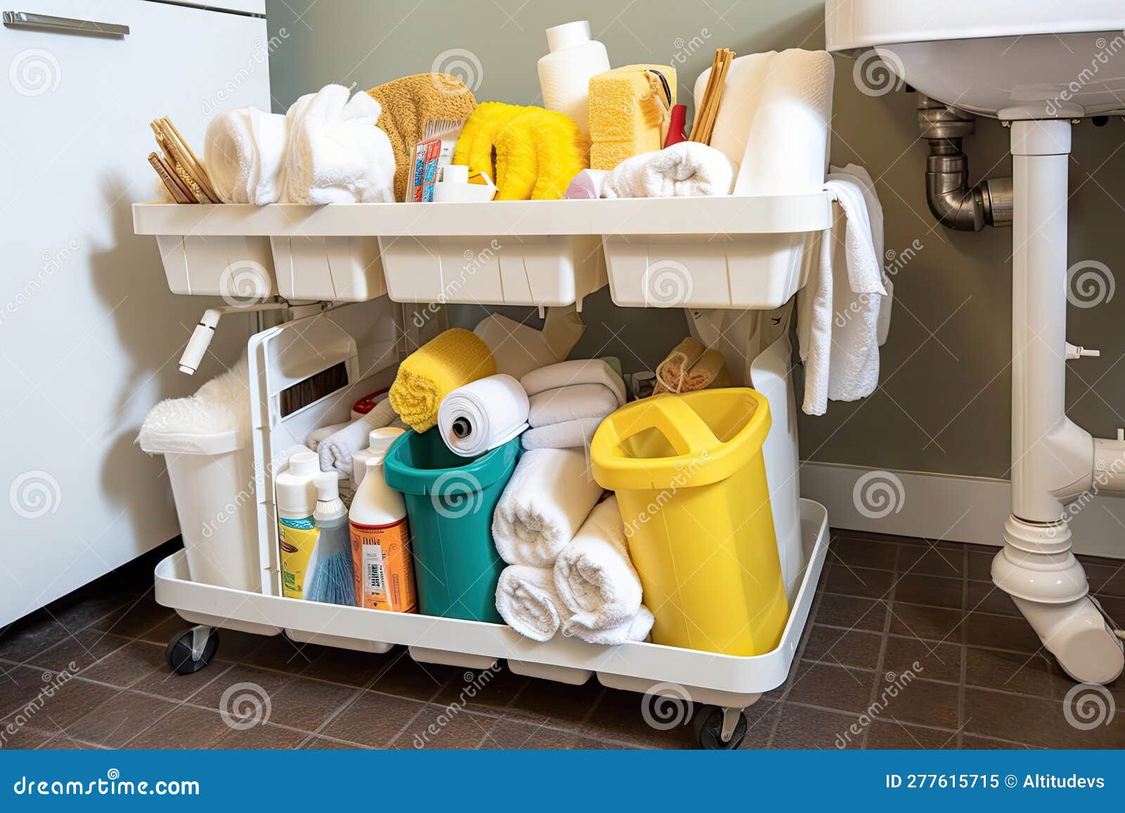 Cleaning Supplies Bin Overflowing with Rollers, Mops, Sponges and