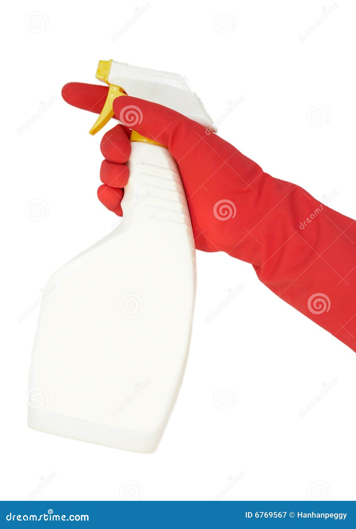 Cleaning supplies in hand. Cleaning supplies in the hand with red glove.