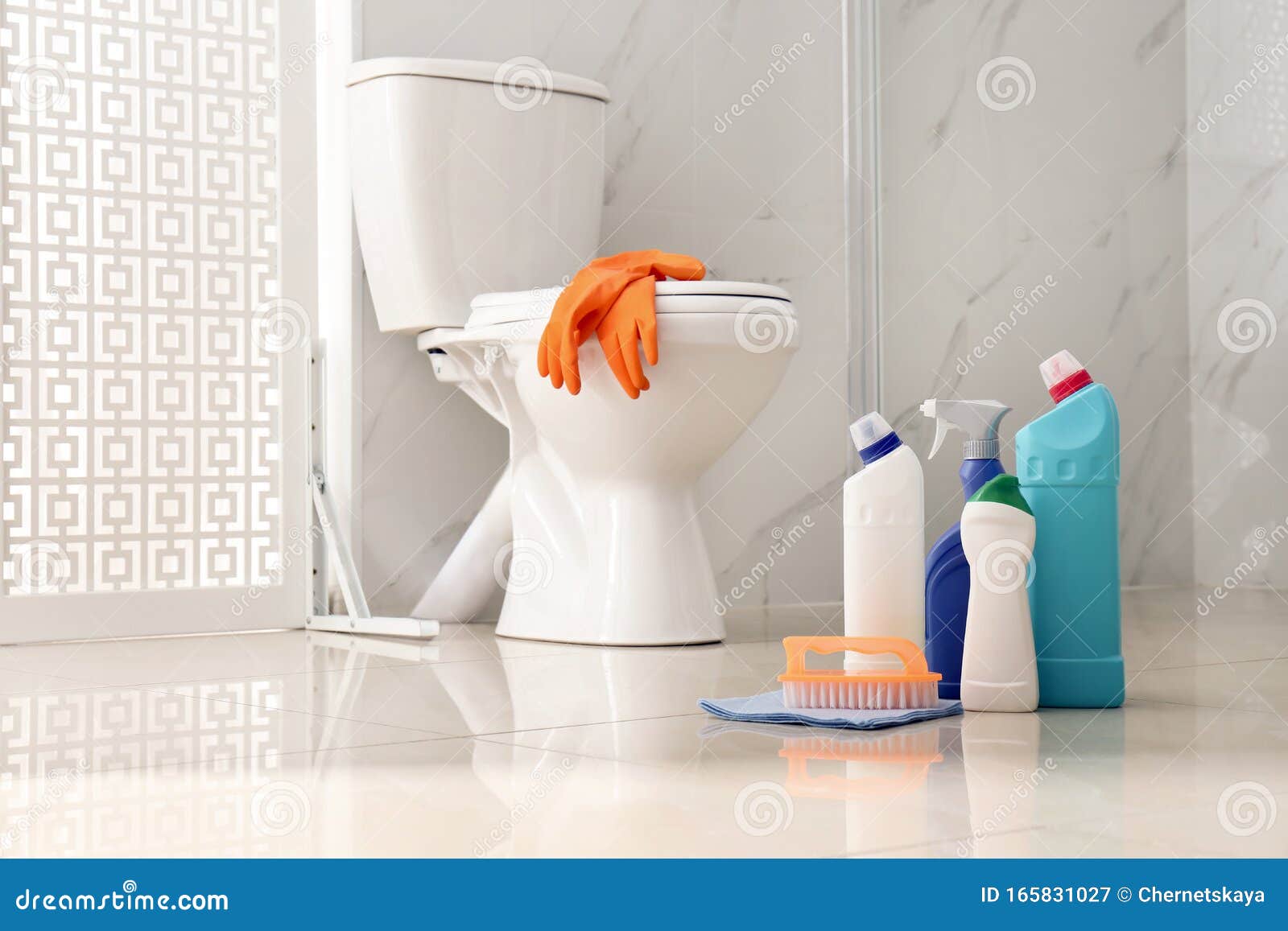 Cleaning Supplies Near Toilet Bowl in Bathroom Stock Image - Image