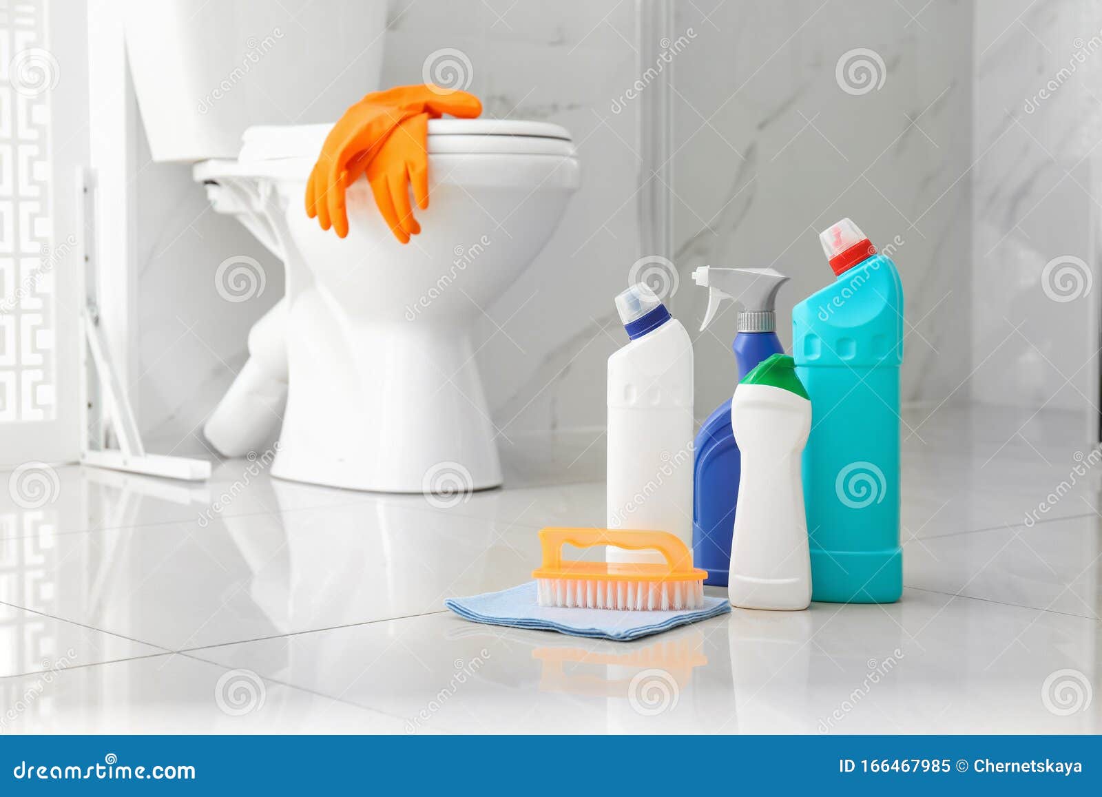 Different Toilet Cleaning Supplies On Wooden Stock Photo
