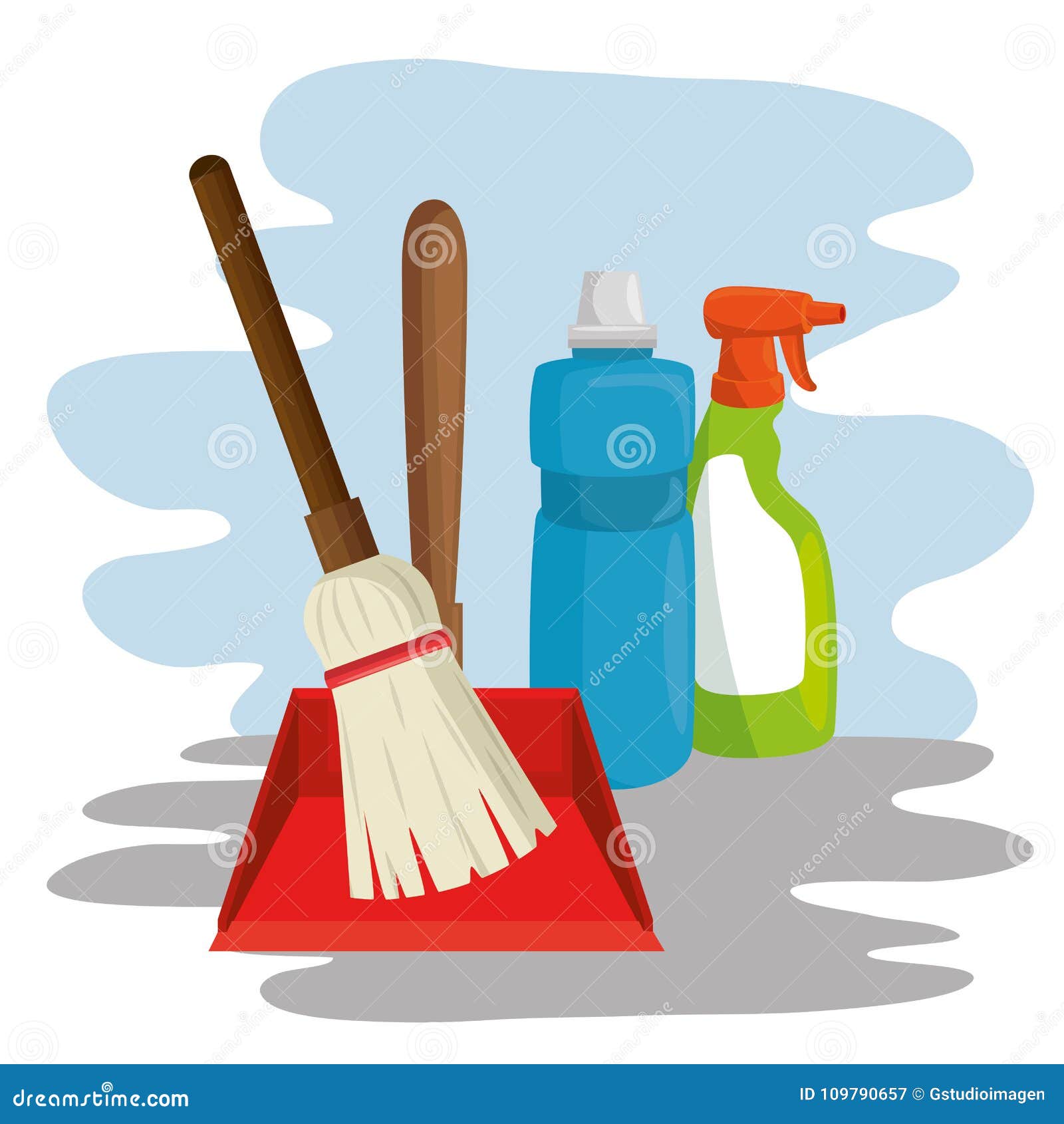 Dustpan and broom mop bucket with water Royalty Free Vector