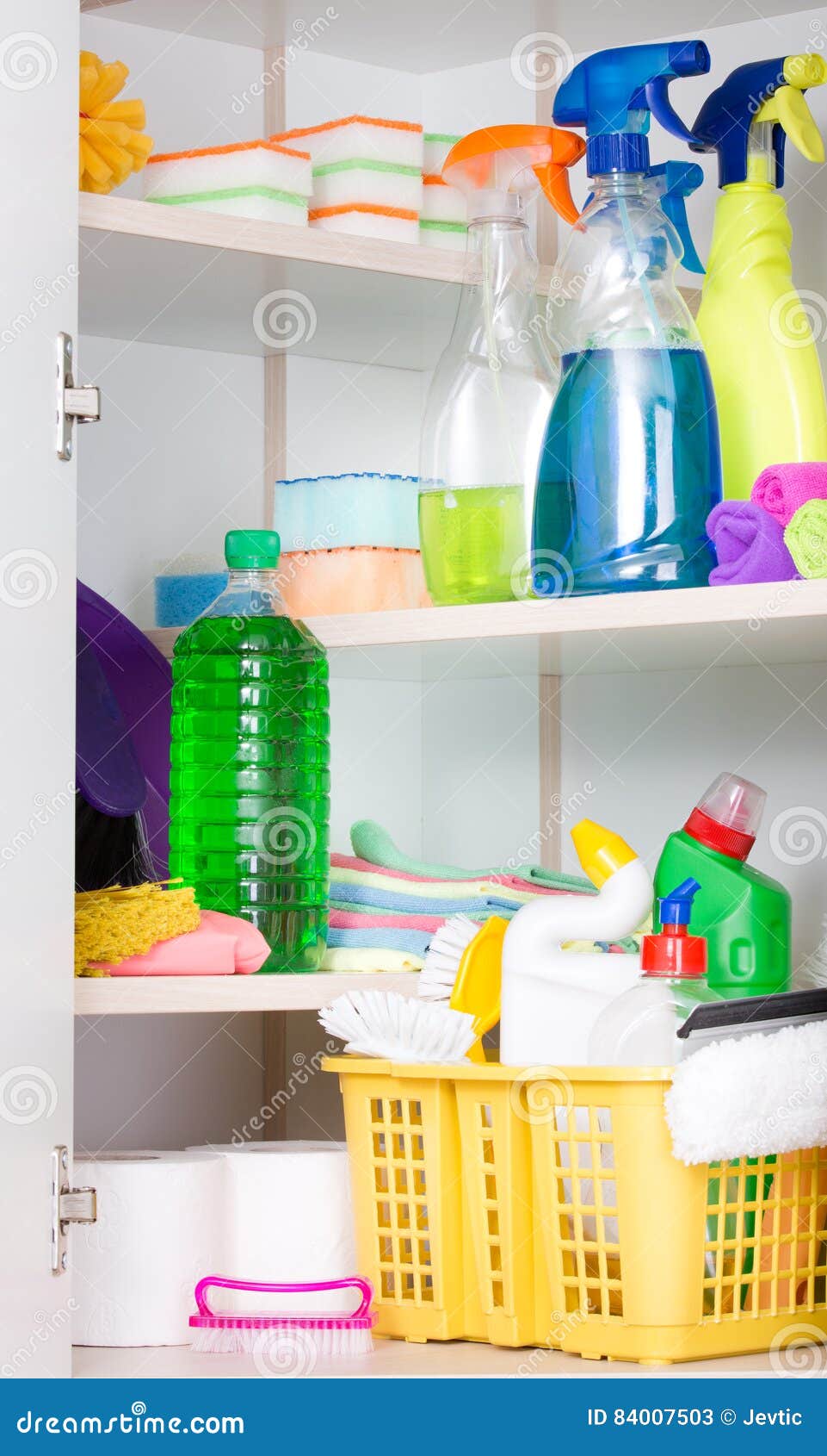 Cleaning supplies storage stock image. Image of housework - 84007503