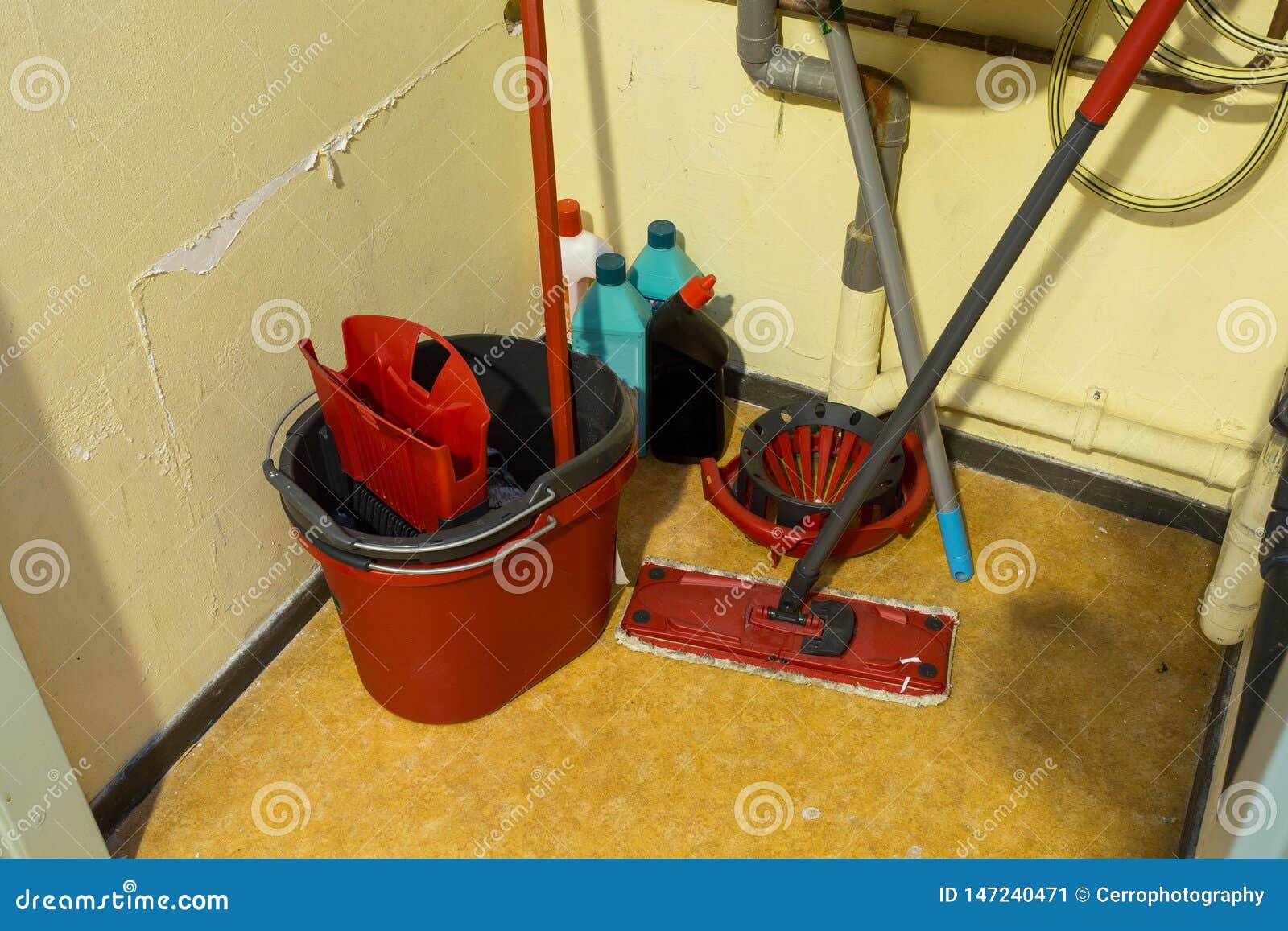 Cleaning Supplies and Tools Arranged in Storage Place in a Office Stock Image Image of closet