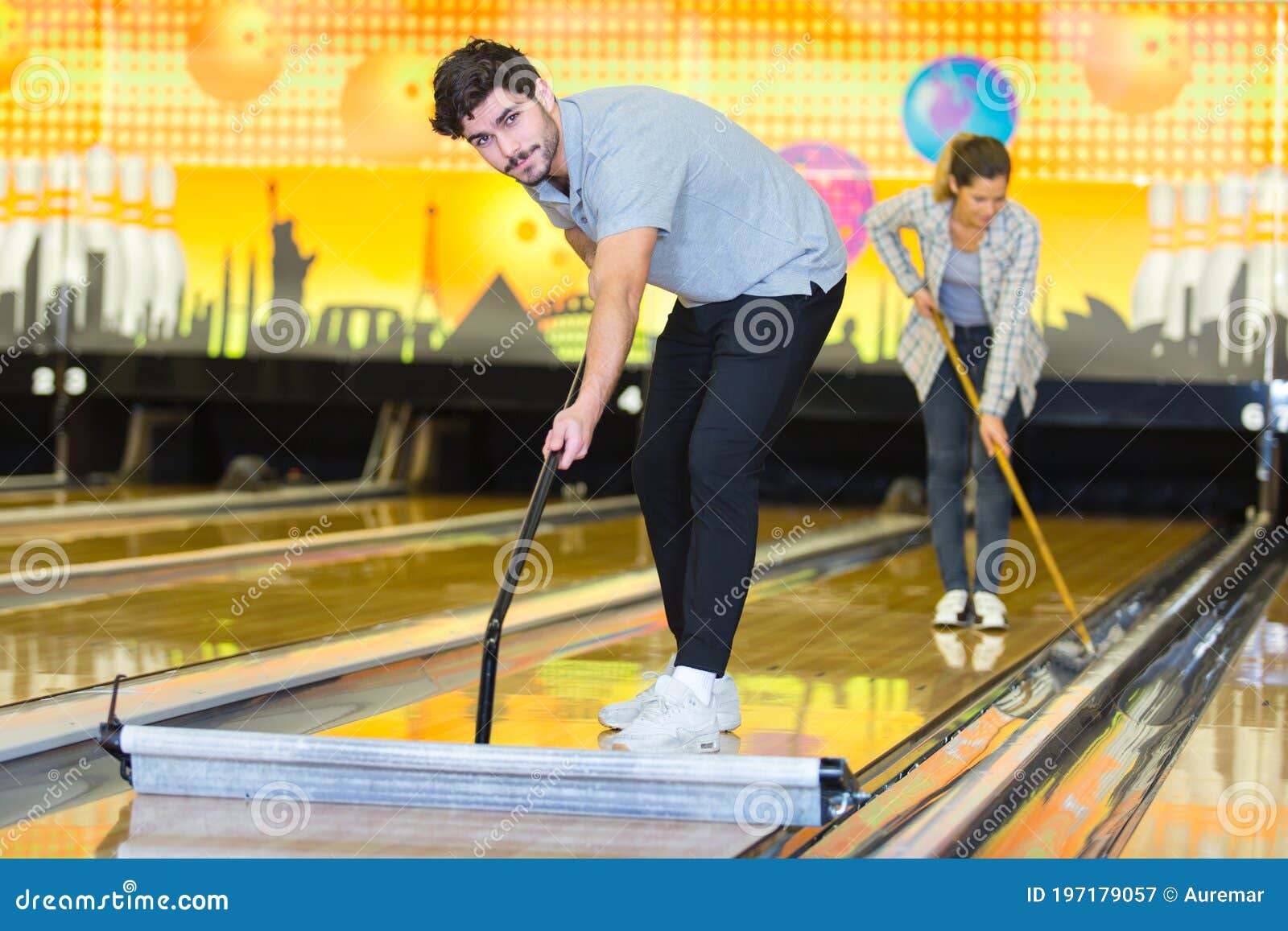 Cleaning Team at Work on Bowling Alley Stock Image Image of friend