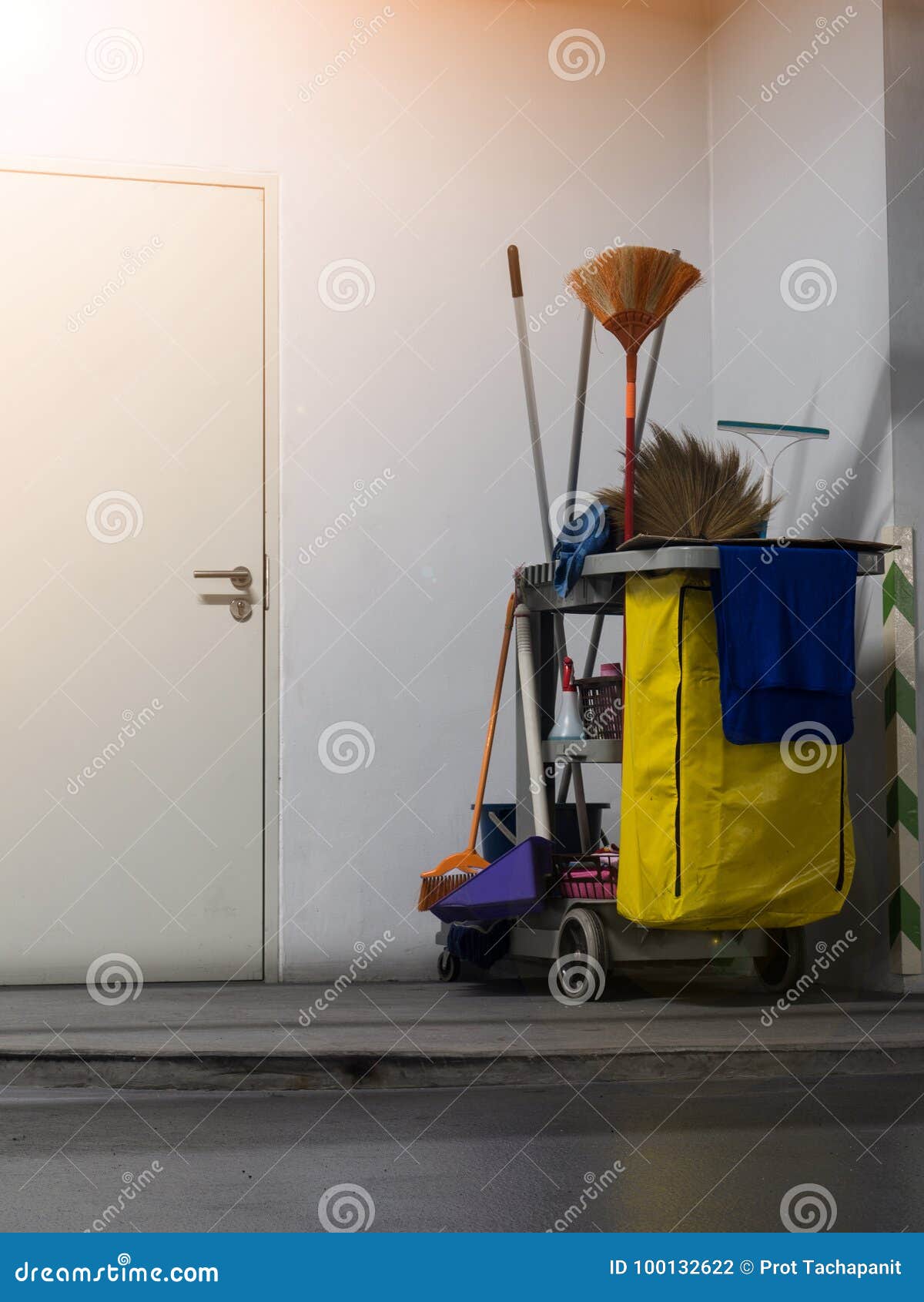 Cleaning Tools Cart Wait for Cleaning.Bucket and Set of Cleaning Equipment in the Office Stock