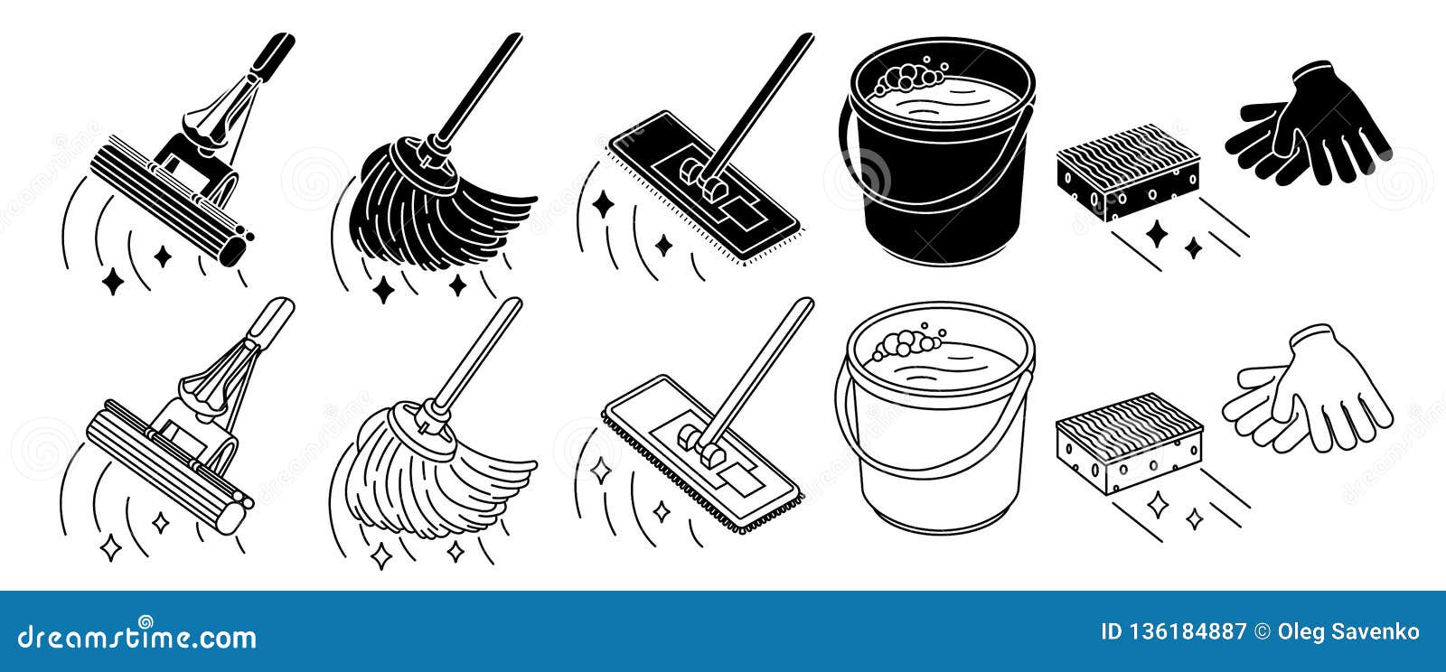 cleaning tools set, mop, bucket thin line icon,  on white.  .