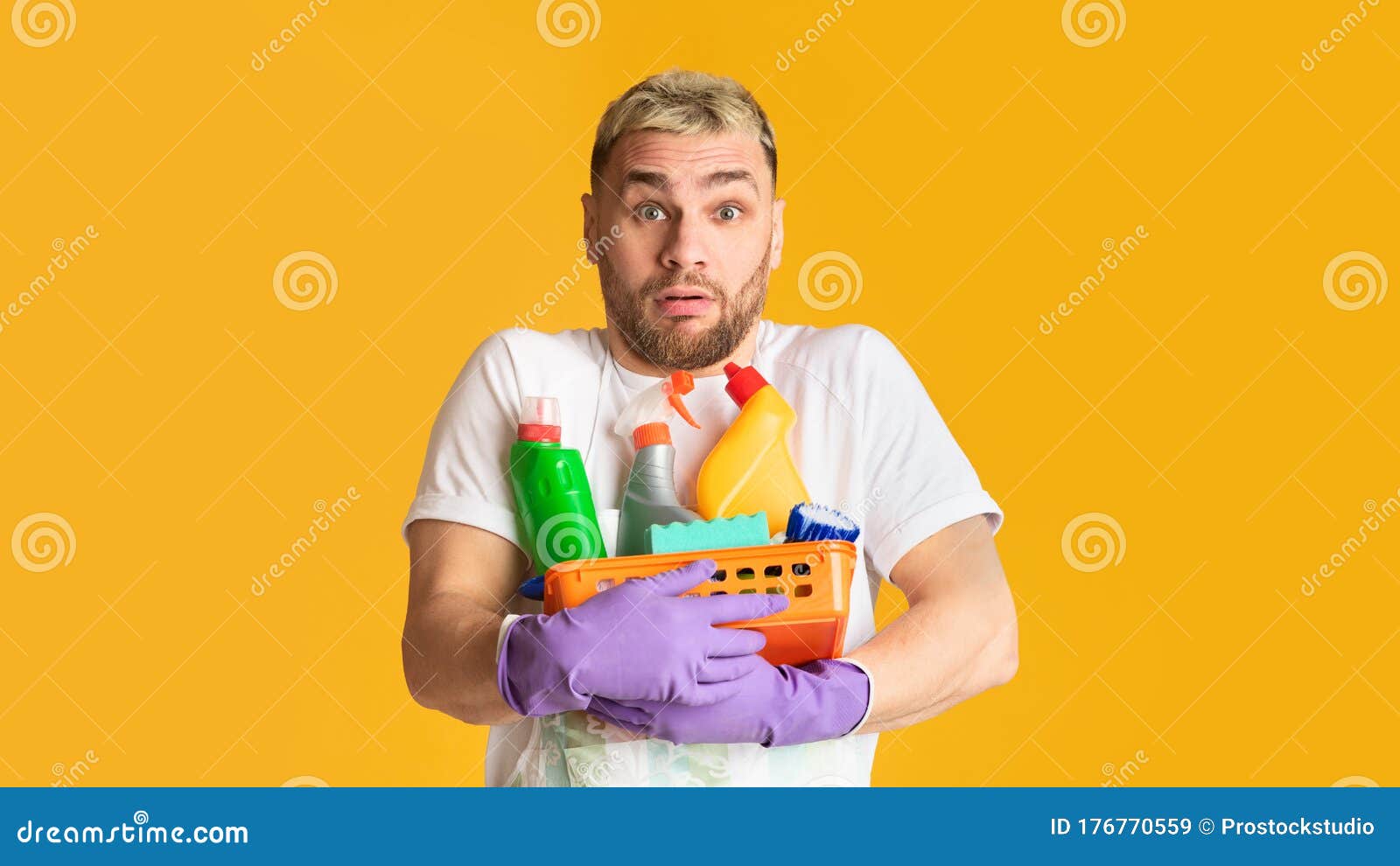 Funny Man with Basket of Cleaning Supplies Stock Image - Image of ...