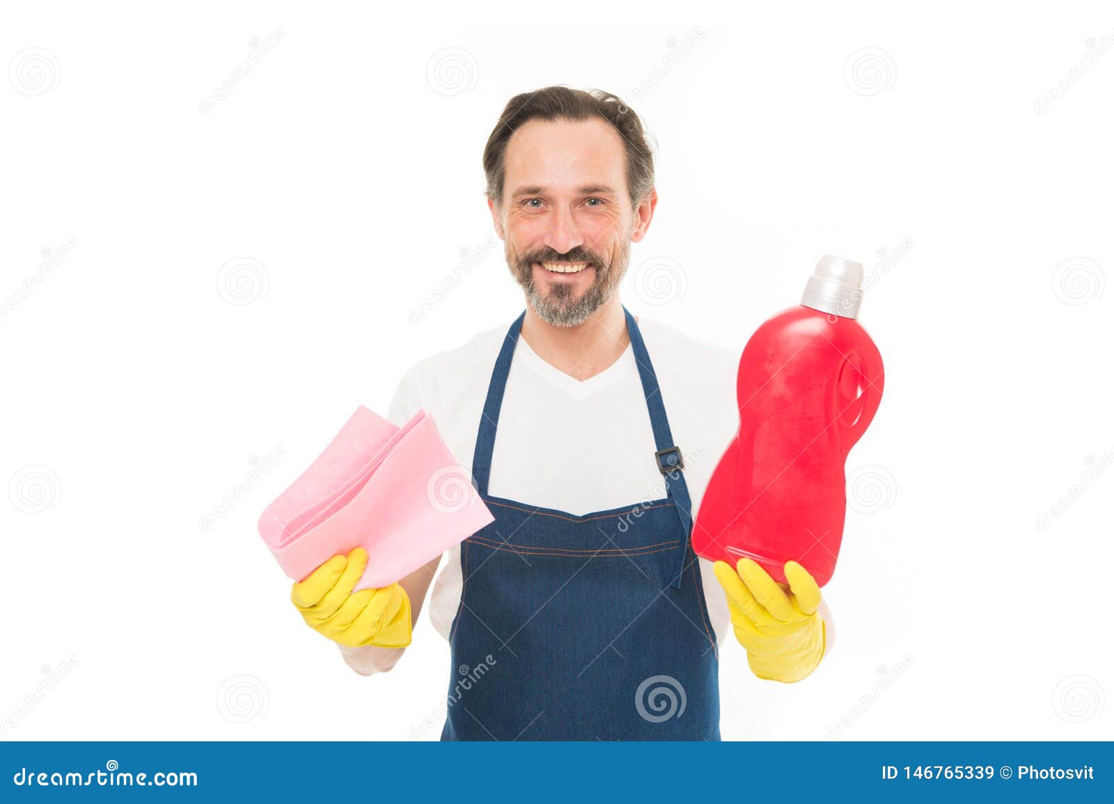 cleanness is in his hands. mature household helper. mature household worker holding laundry detergent in rubber gloves